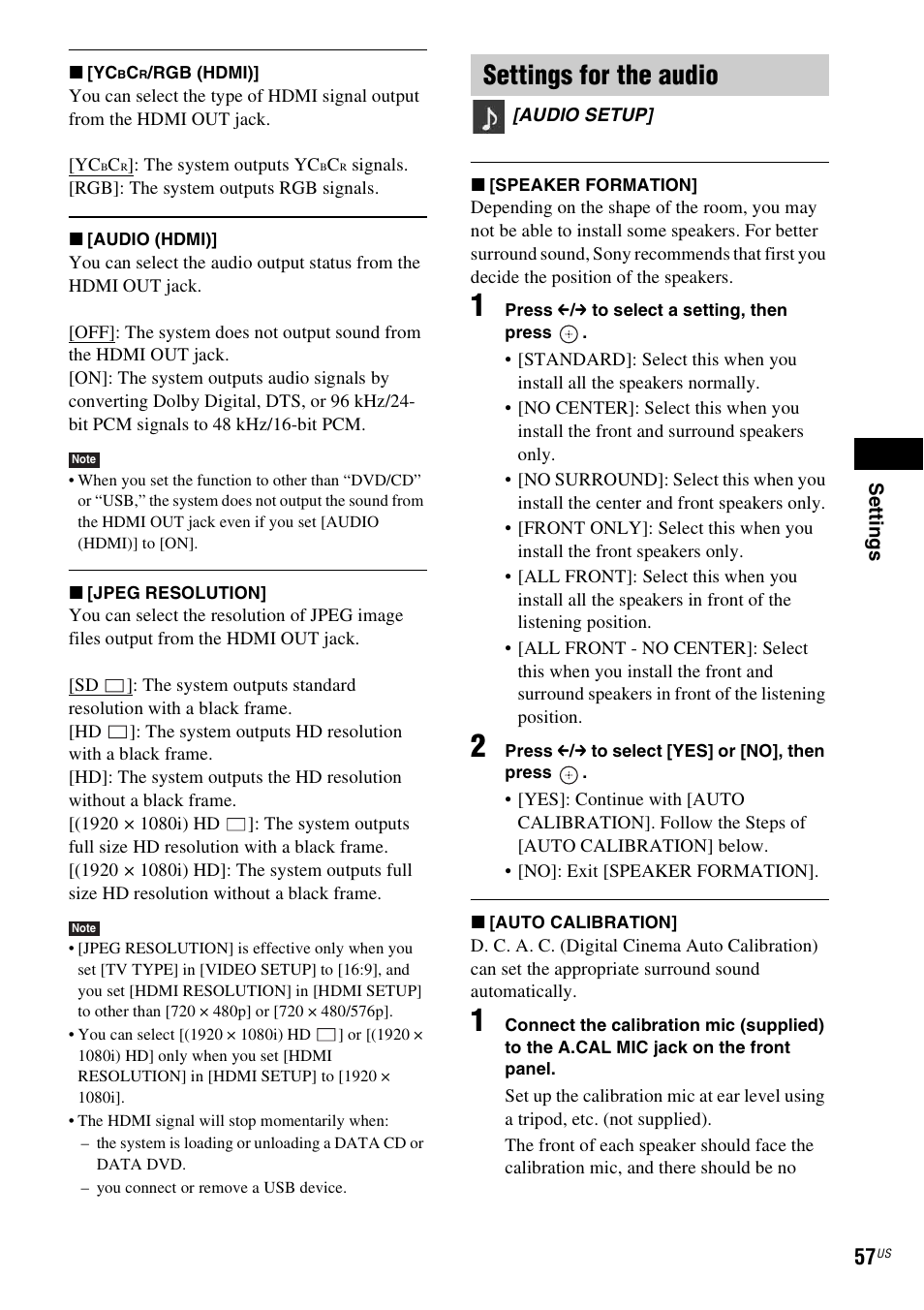 Settings for the audio | Sony DAV-DZ170 User Manual | Page 57 / 76