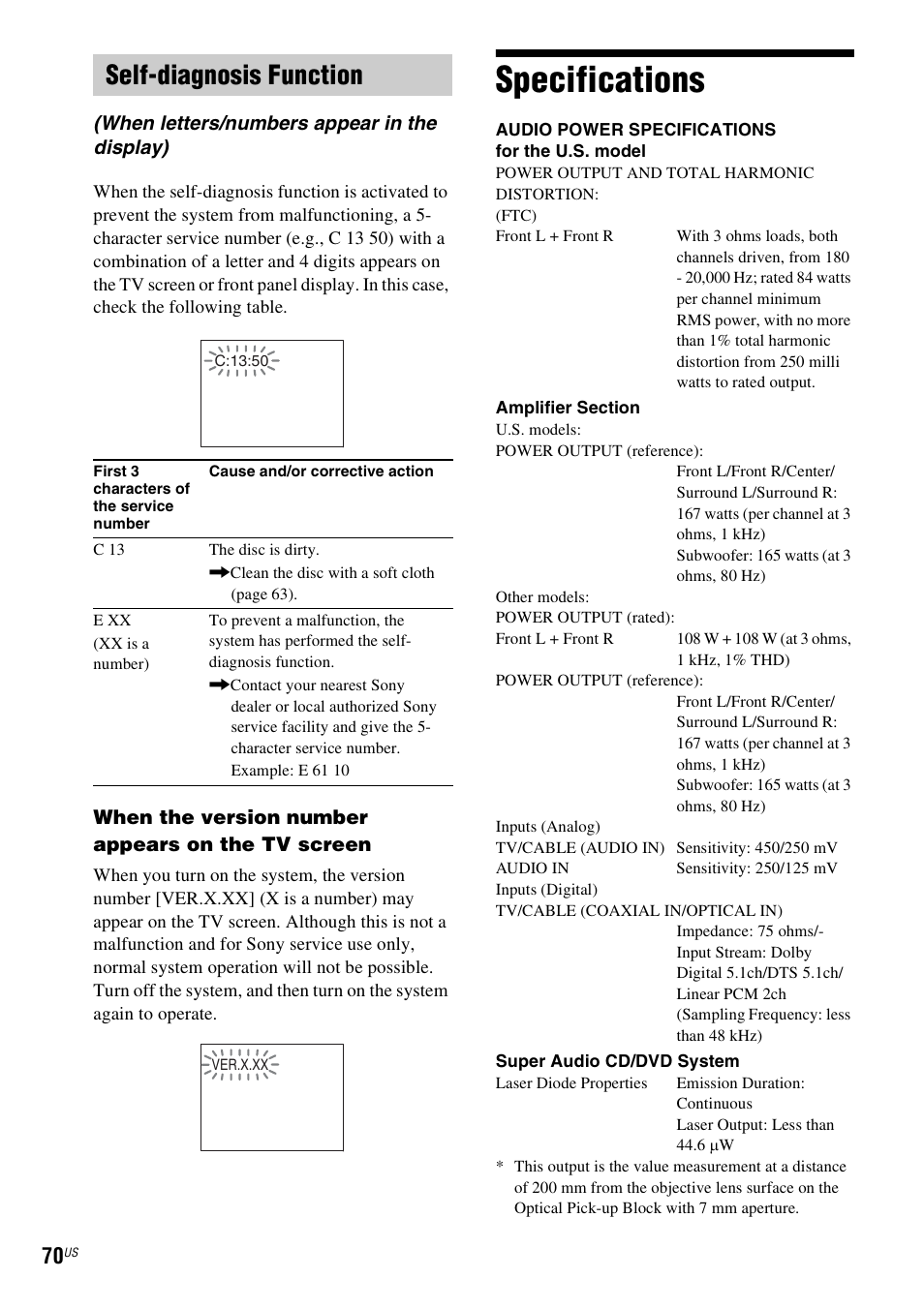 Self-diagnosis function, Specifications | Sony DAV-DZ170 User Manual | Page 70 / 76