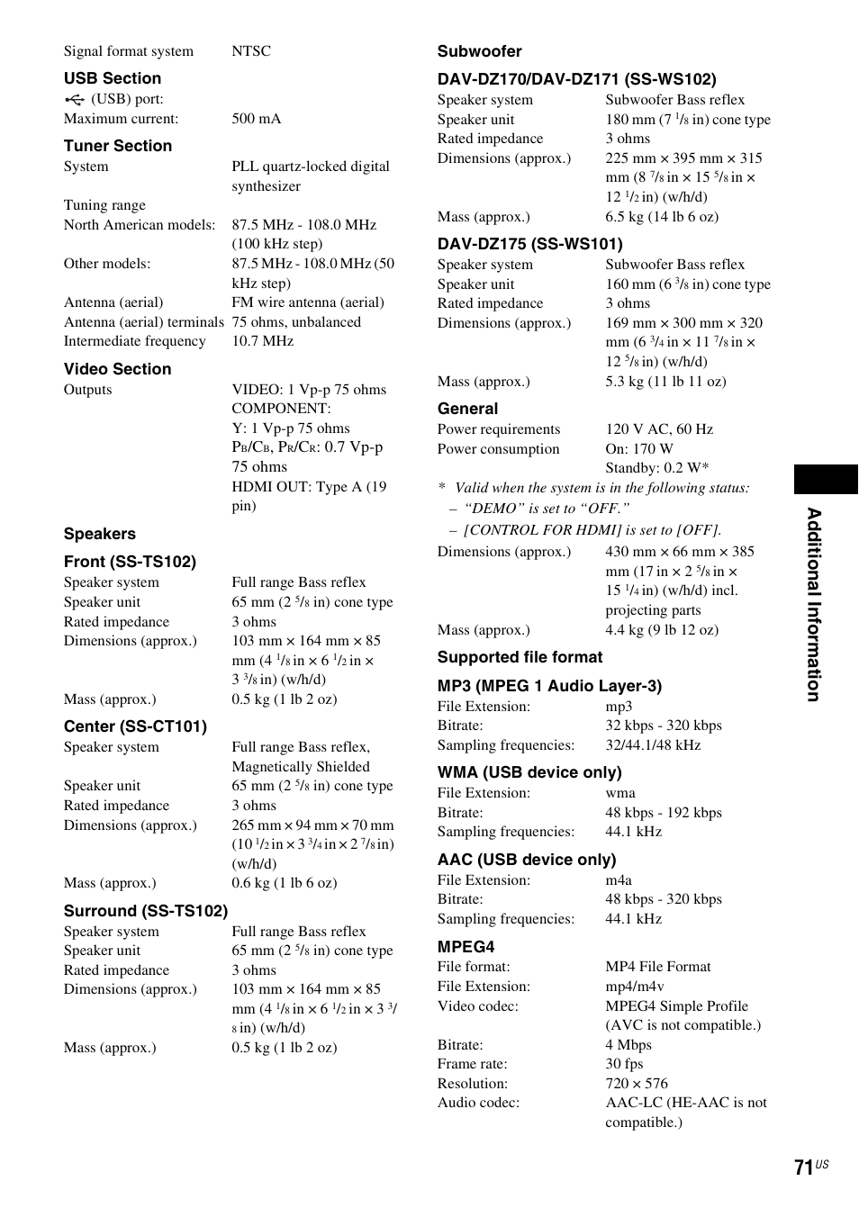 Ad ditio n al inf o rm at ion | Sony DAV-DZ170 User Manual | Page 71 / 76