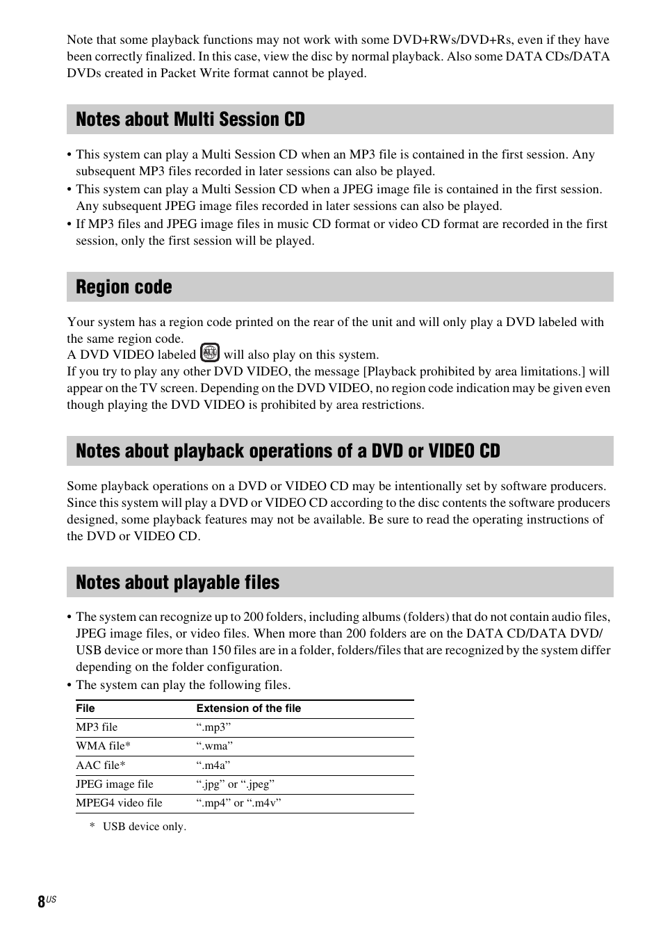 Notes about multi session cd, Region code, Notes about playable files | Sony DAV-DZ170 User Manual | Page 8 / 76