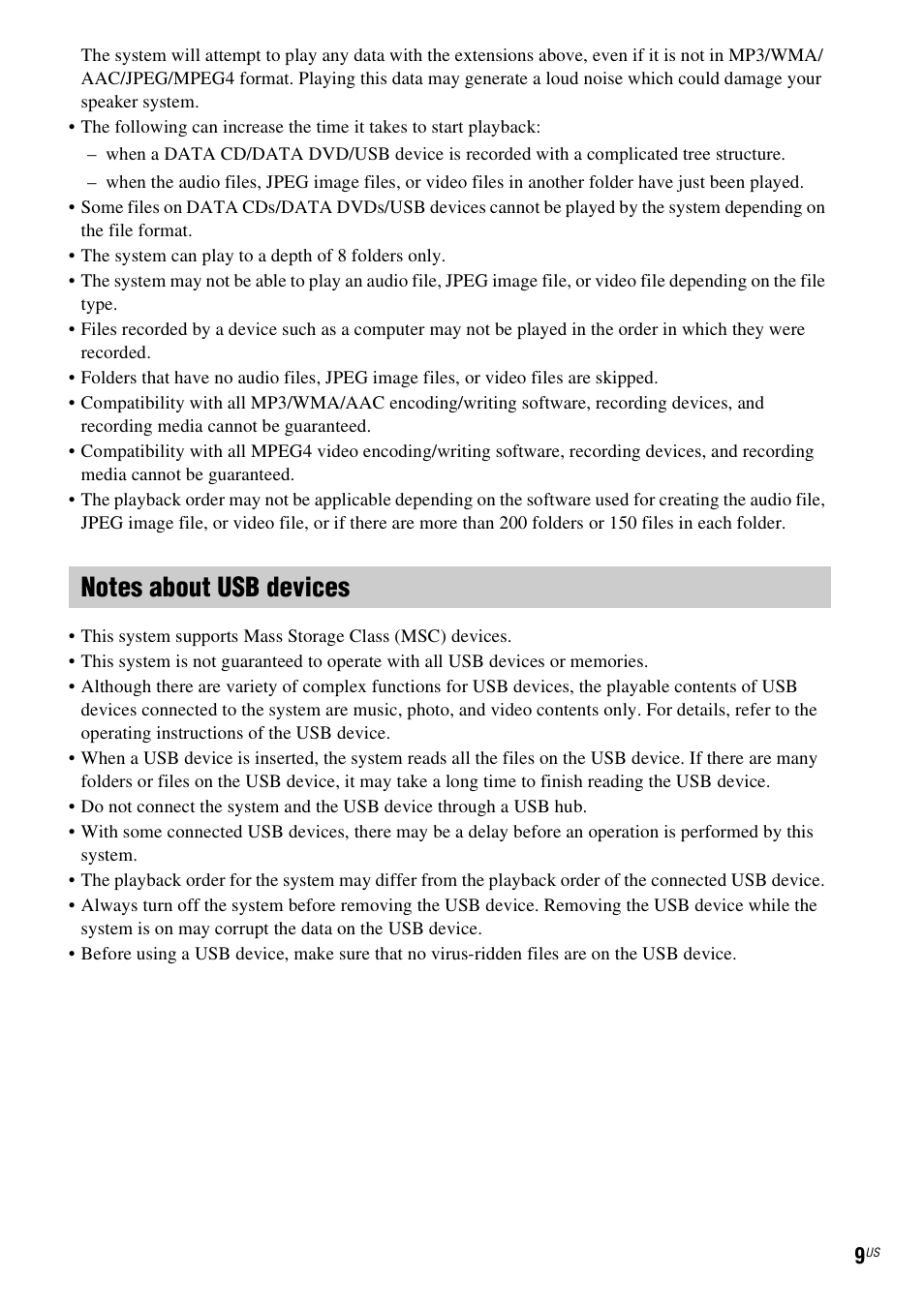 Notes about usb devices | Sony DAV-DZ170 User Manual | Page 9 / 76