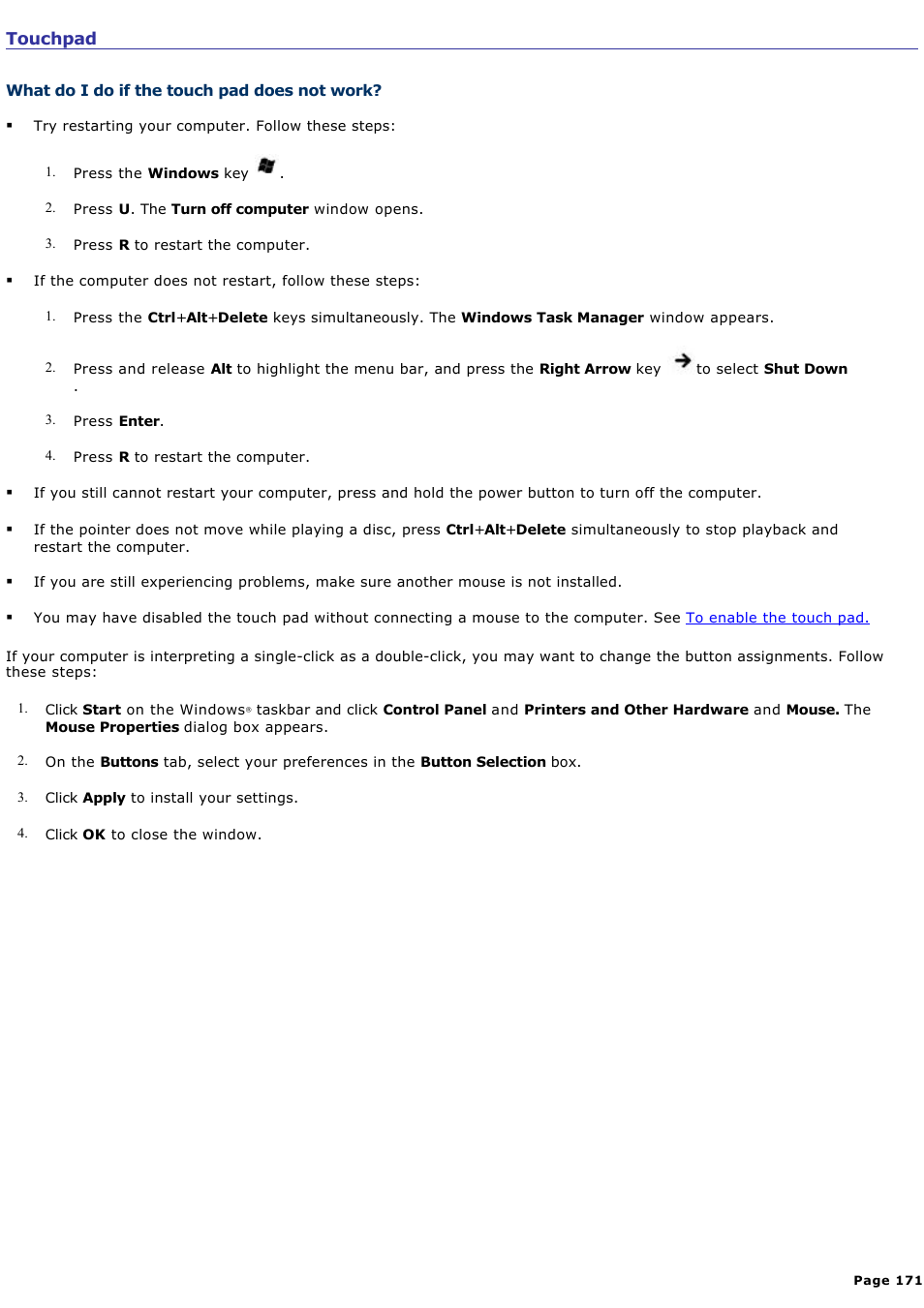 What do i do if the touch pad does not work | Sony PCG-TR2AP User Manual | Page 171 / 202