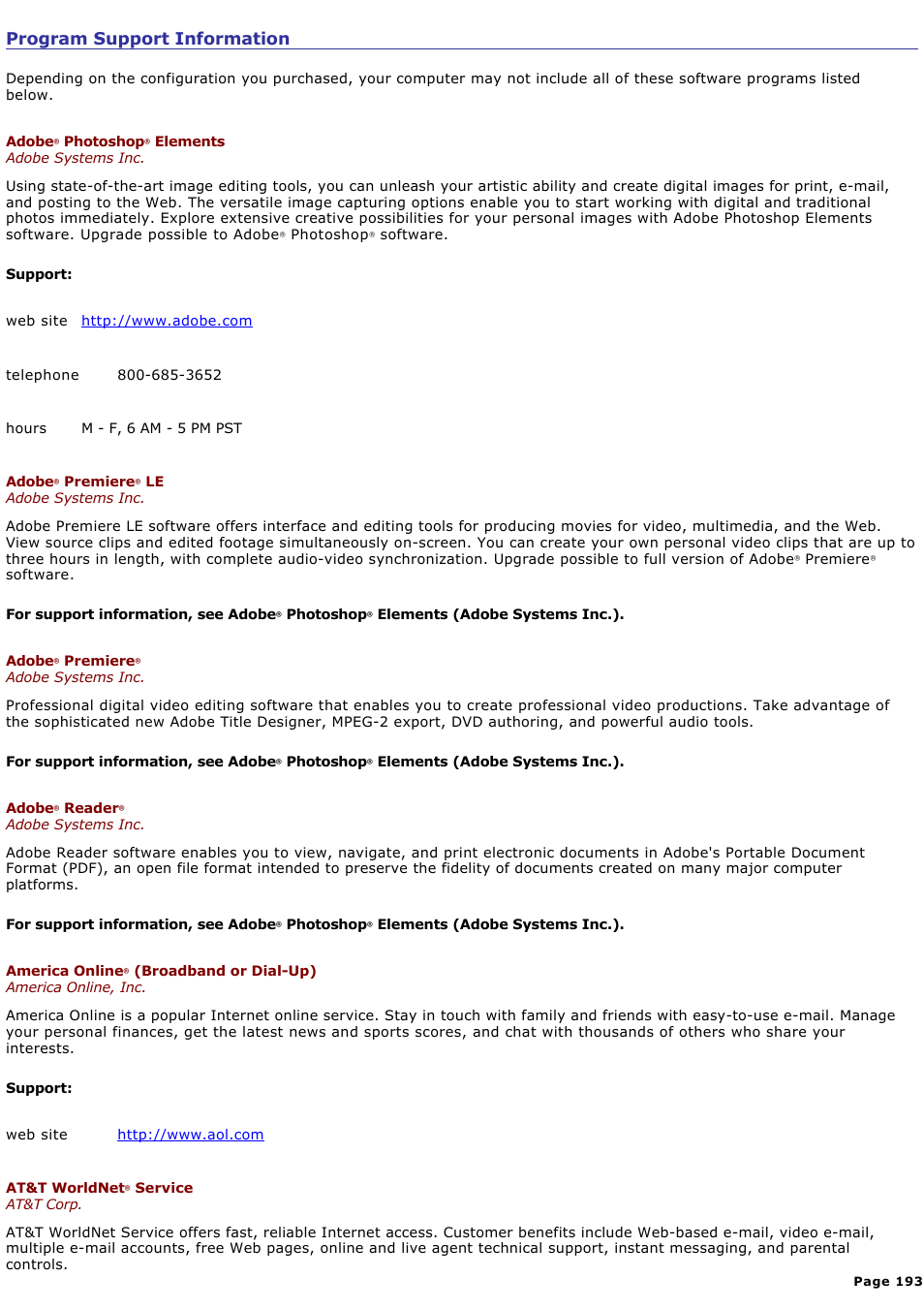 Program support information | Sony PCG-TR2AP User Manual | Page 193 / 202