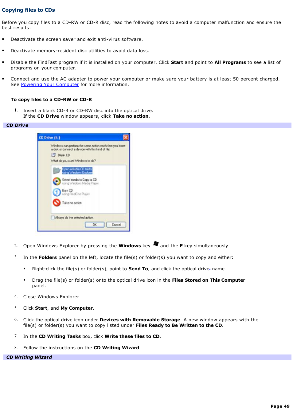 Copying files to cds | Sony PCG-TR2AP User Manual | Page 49 / 202