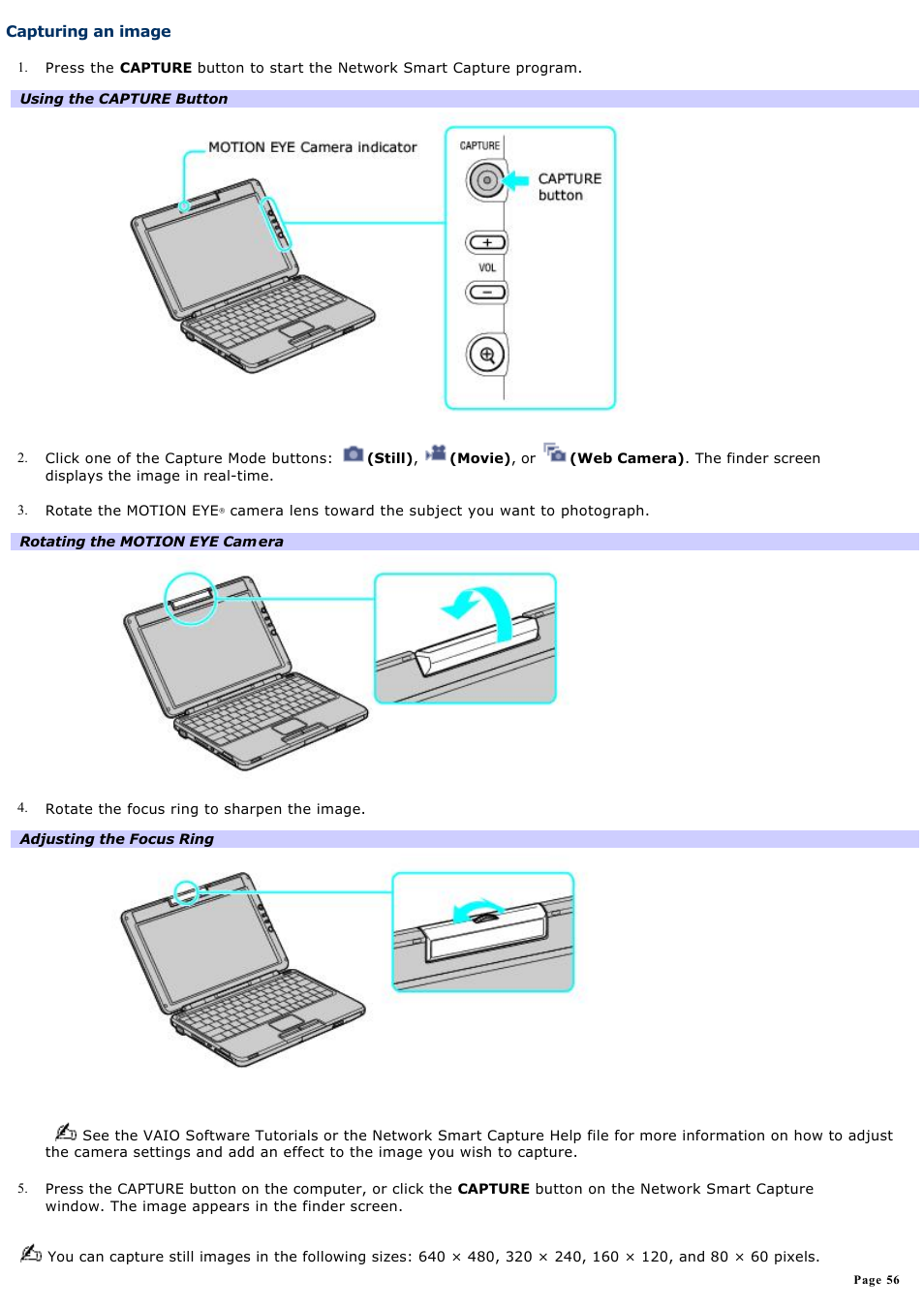 Capturing an image | Sony PCG-TR2AP User Manual | Page 56 / 202