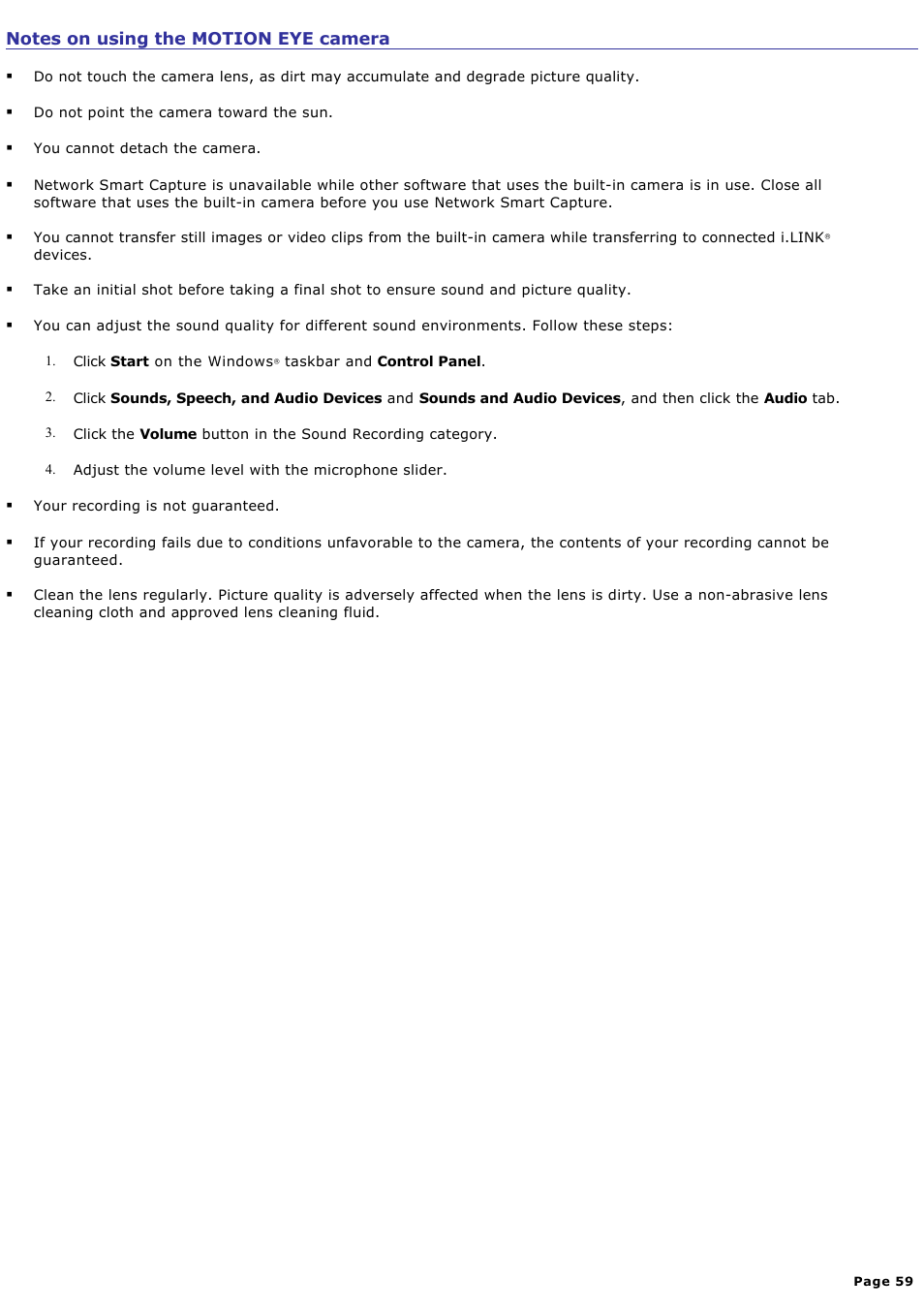 Notes on using the motion eye camera | Sony PCG-TR2AP User Manual | Page 59 / 202