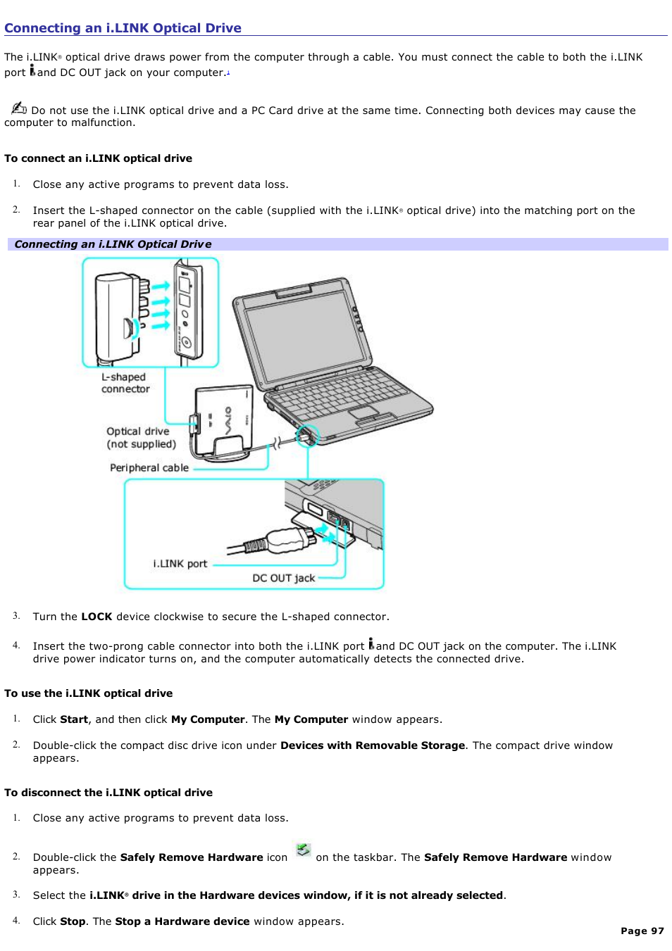 Connecting an i.link optical drive | Sony PCG-TR2AP User Manual | Page 97 / 202