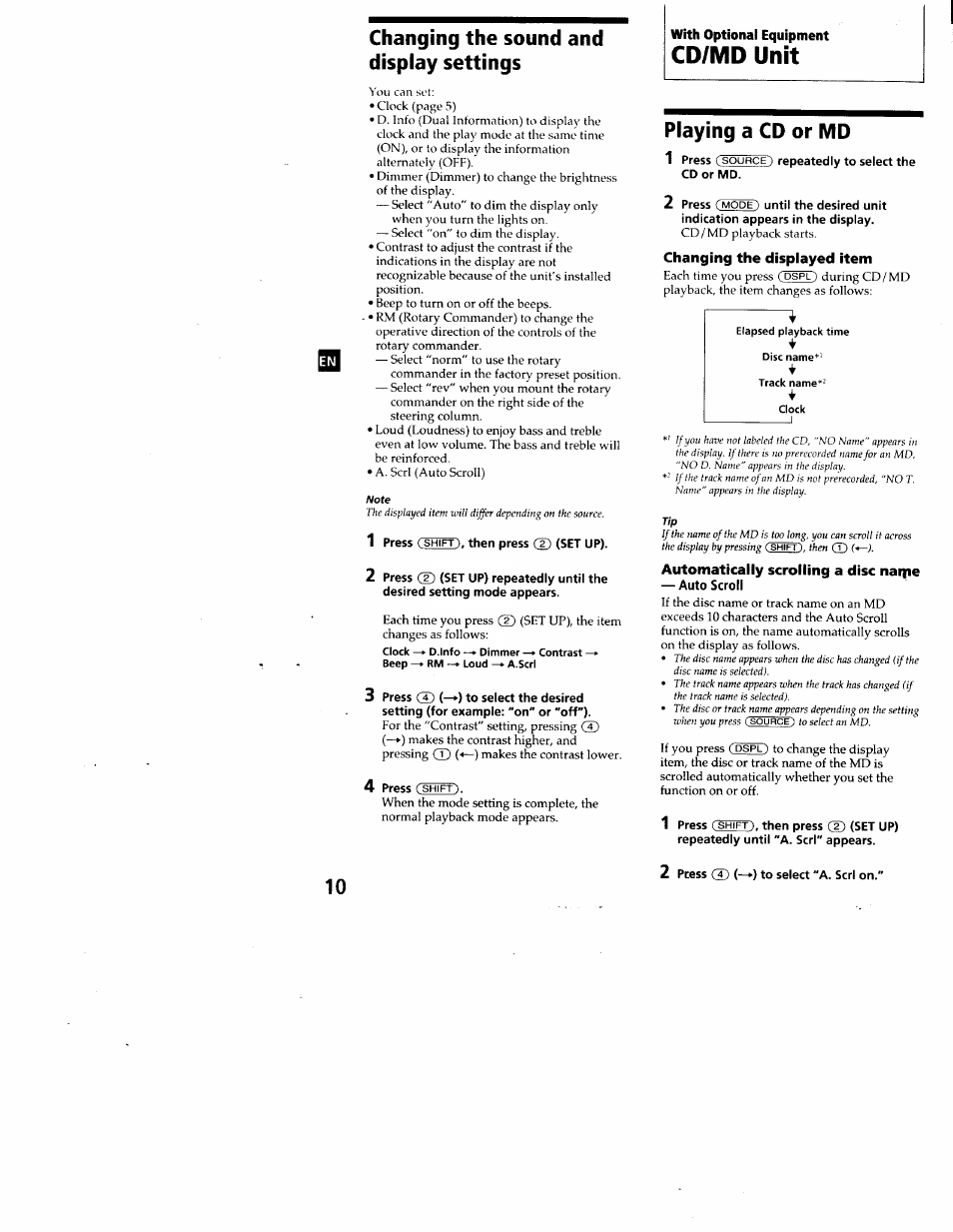 Changing the sound and display settings, Note, Playing a cd or md | Changing the displayed item, Automatically scrolling a disc naipe, Auto scroll, Cd/md unit | Sony XR-C7200 User Manual | Page 10 / 22