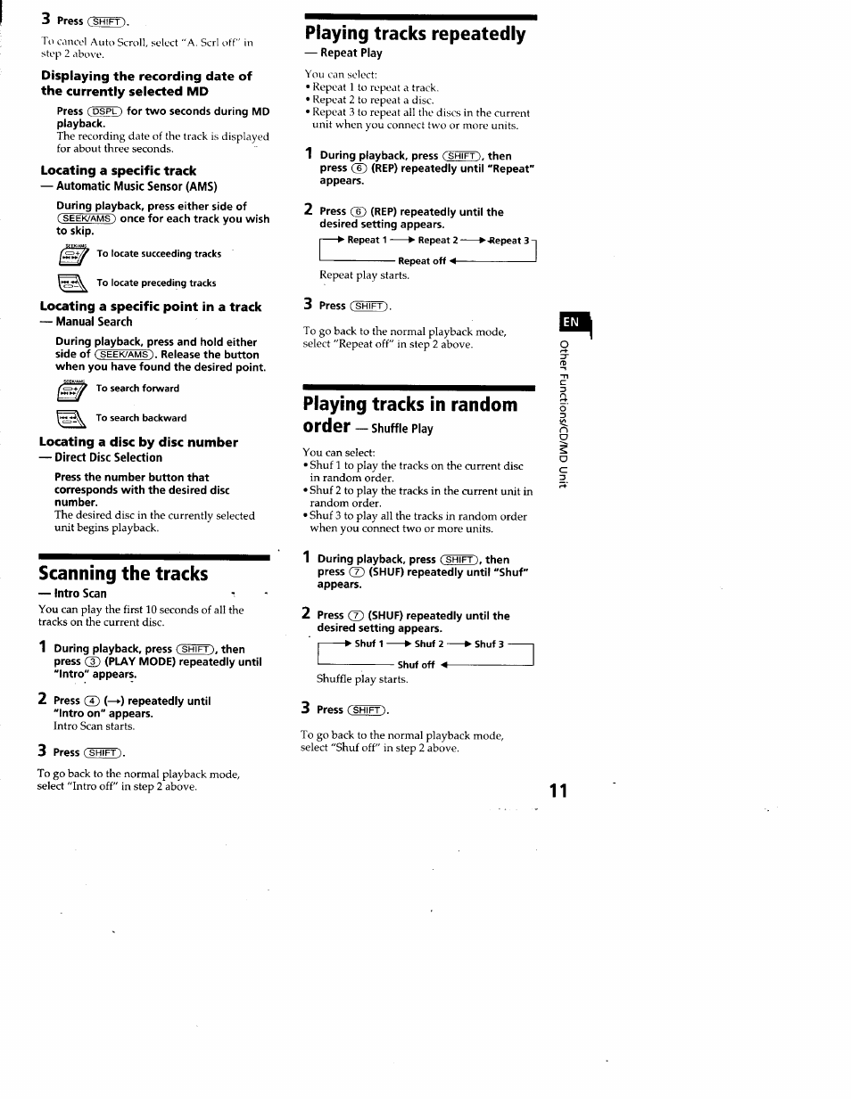 Locating a specific track, Automatic music sensor (ams), Locating a specific point in a track | Manual search, Locating a disc by disc number, Direct disc selection, Scanning the tracks, Intro scan, Playing tracks repeatedly, Repeat play | Sony XR-C7200 User Manual | Page 11 / 22