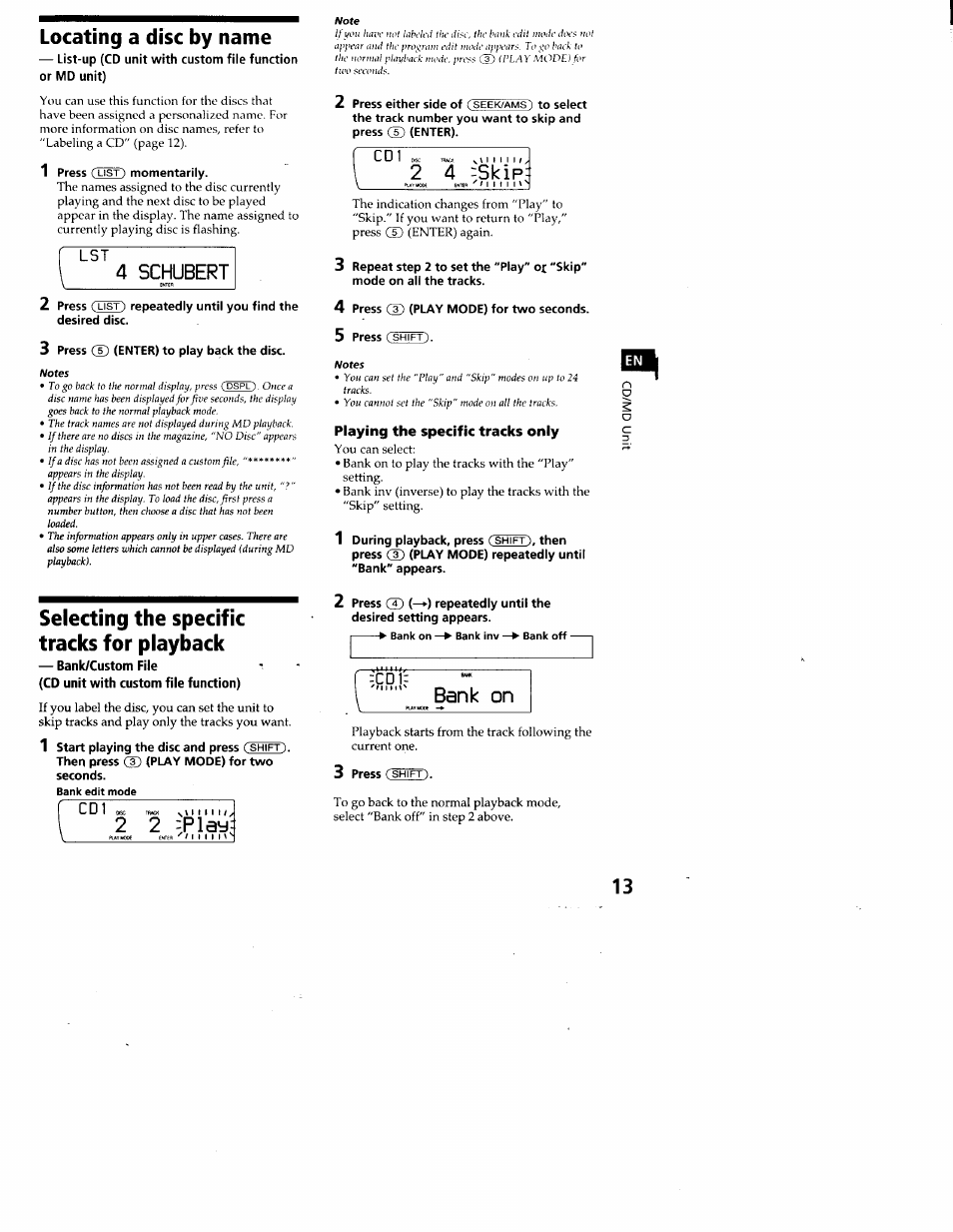 Locating a disc by name, Notes, Note | Playing the specific tracks only, Selecting the specific tracks for playback, 4 schubert, 2 4 :skip, Bank on | Sony XR-C7200 User Manual | Page 13 / 22
