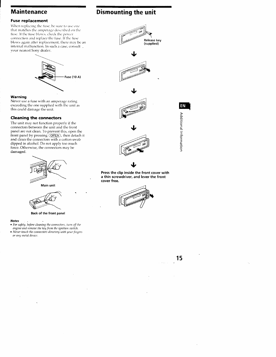 Maintenance, Fuse replacement, Cleaning the connectors | Notes, Dismounting the unit | Sony XR-C7200 User Manual | Page 15 / 22