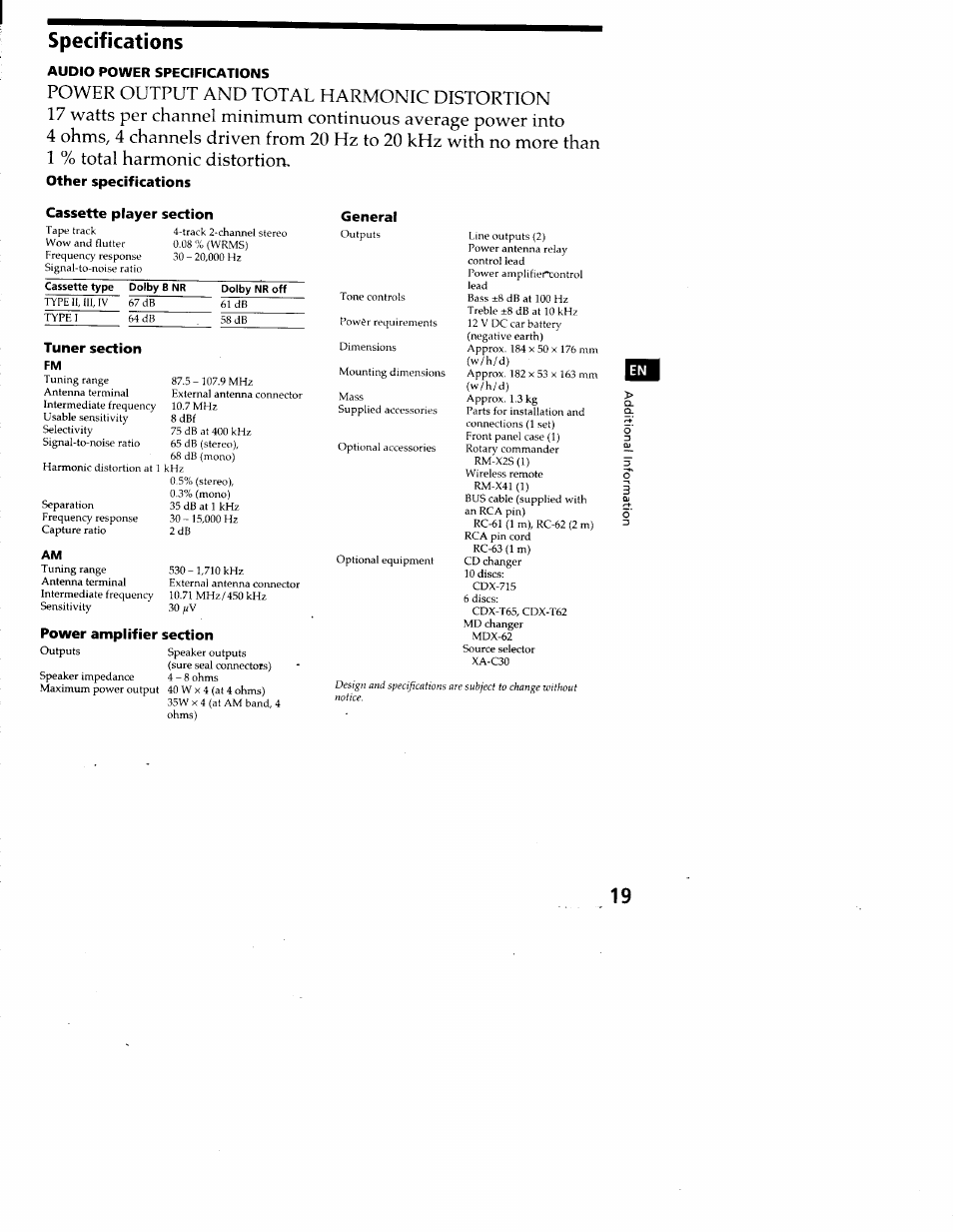 Specifications, Power amplifier section | Sony XR-C7200 User Manual | Page 19 / 22