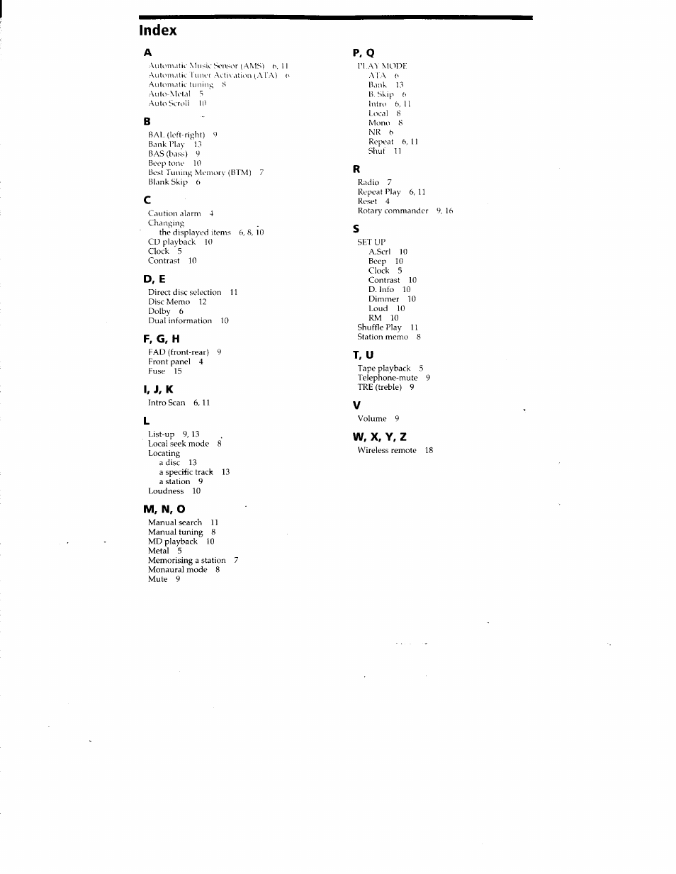 Index, P, q, F, g, h | T, u, 1 , j, k, W. x, y. z, M, n, 0 | Sony XR-C7200 User Manual | Page 22 / 22
