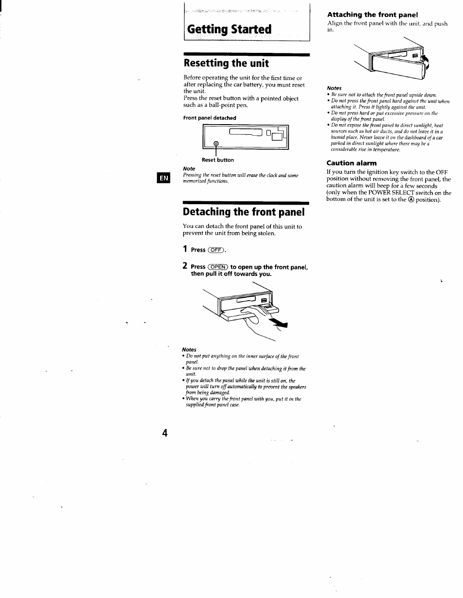 Resetting the unit, Note, Detaching the front panel | Attaching the front panel, Notes, Caution alarm, Resetting the unit detaching the front panel, Getting started | Sony XR-C7200 User Manual | Page 4 / 22