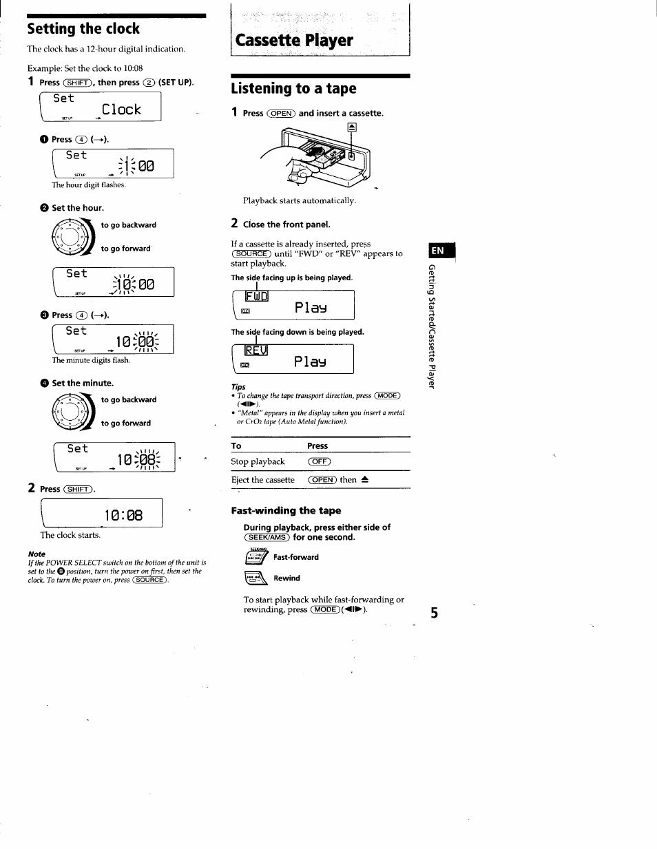 Setting the clock, Note, Listening to a tape | Tips, Fast-winding the tape, Cassette player, Clock, Play | Sony XR-C7200 User Manual | Page 5 / 22