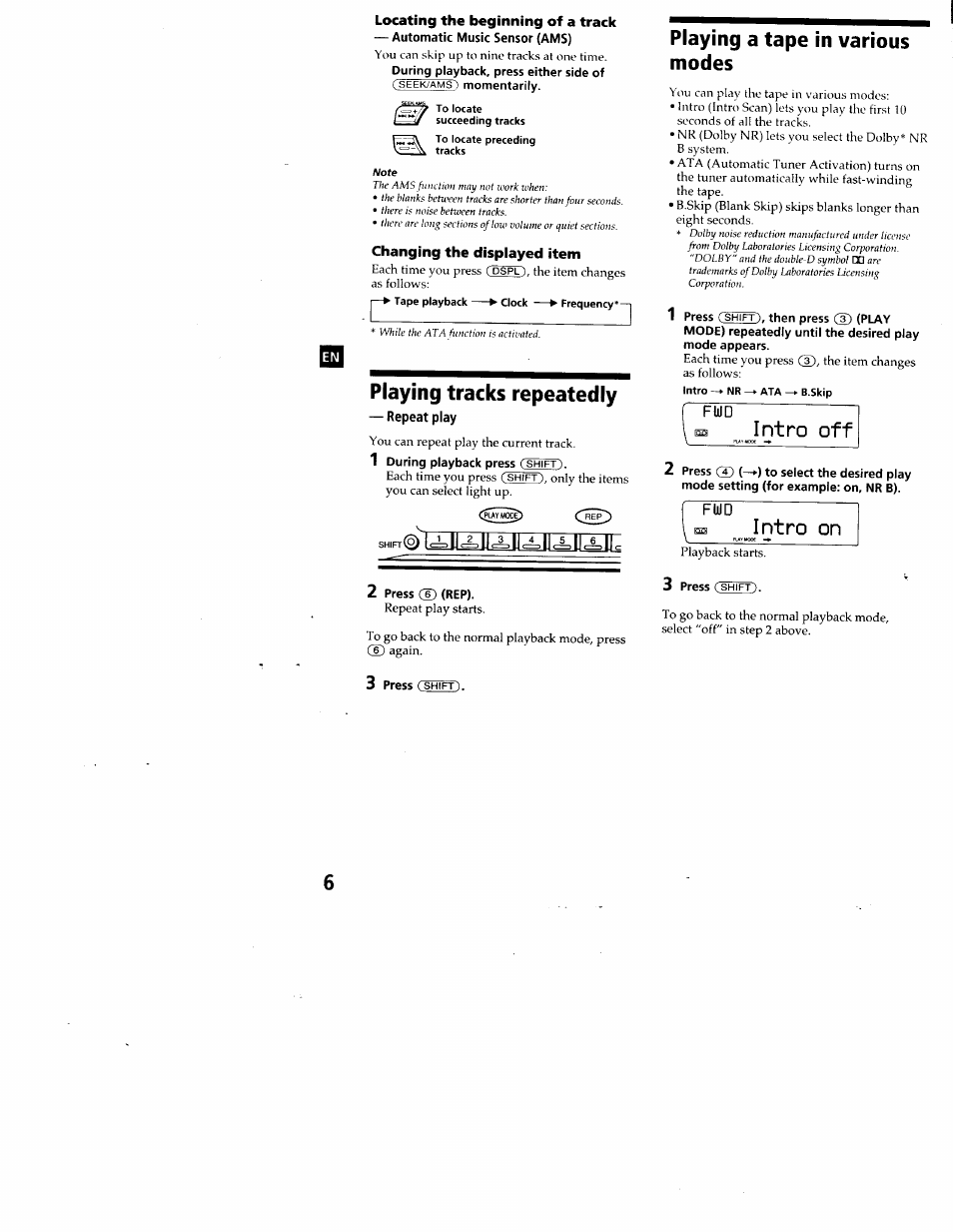Locating the beginning of a track, Note, Changing the displayed item | Playing tracks repeatedly, Repeat play, Playing a tape in various modes, Intro off, Intro on, R(o)iaaxeiixiee | Sony XR-C7200 User Manual | Page 6 / 22