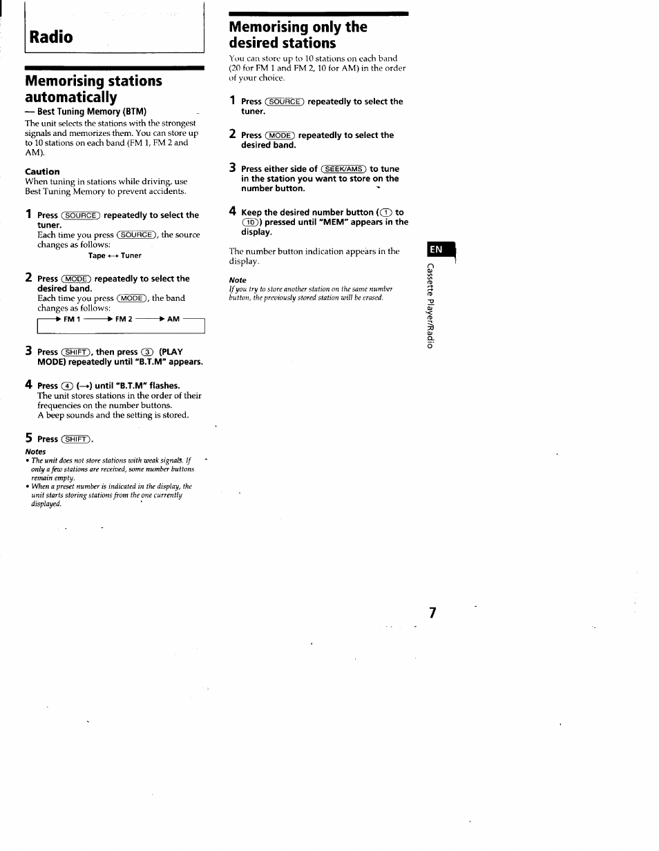Memorising stations automatically, Memorising only the desired stations, Note | Notes, Radio | Sony XR-C7200 User Manual | Page 7 / 22