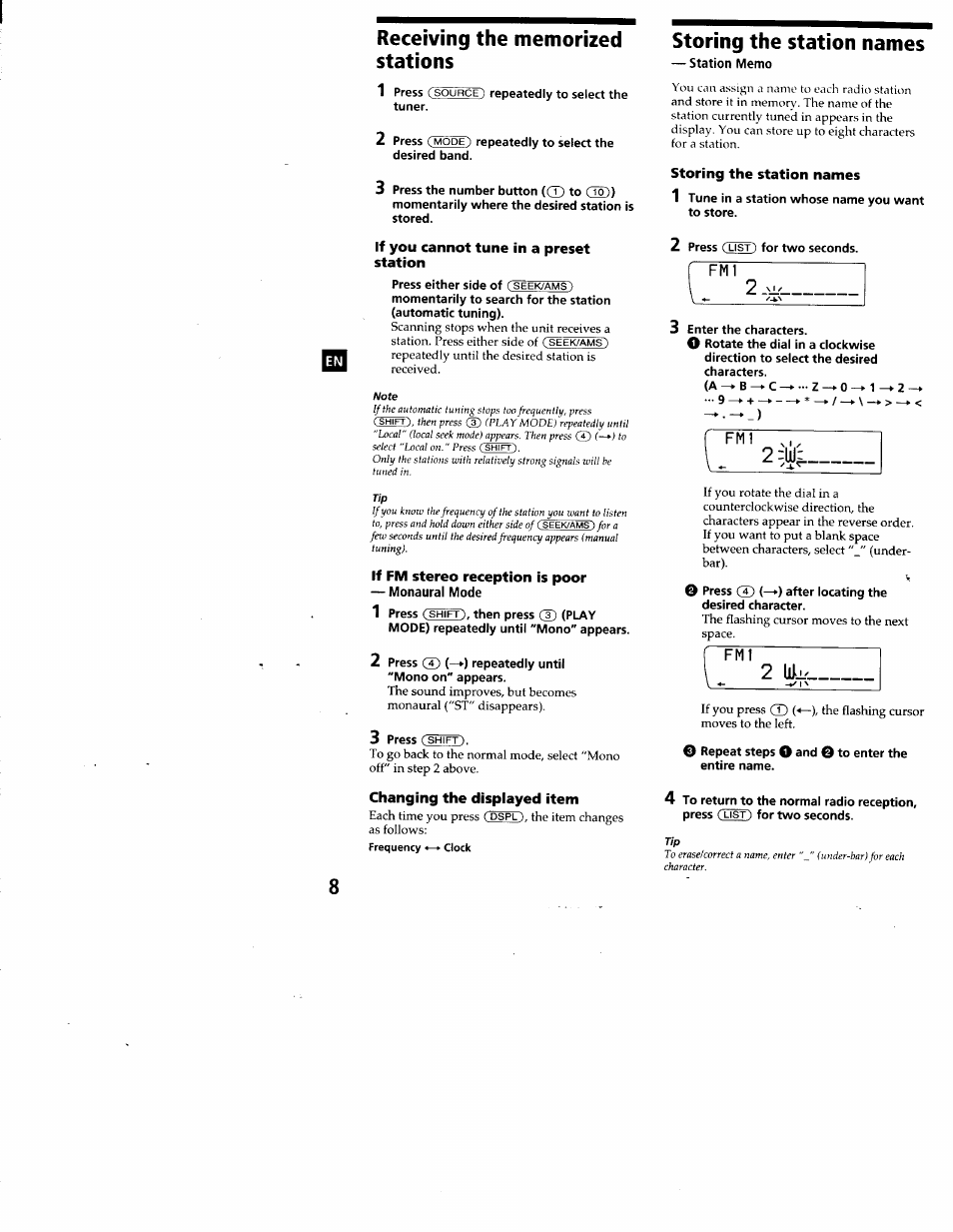 Receiving the memorized stations, If you cannot tune in a preset station, Note | If fm stereo reception is poor, Monaural mode, Changing the displayed item, Storing the station names, Station memo | Sony XR-C7200 User Manual | Page 8 / 22