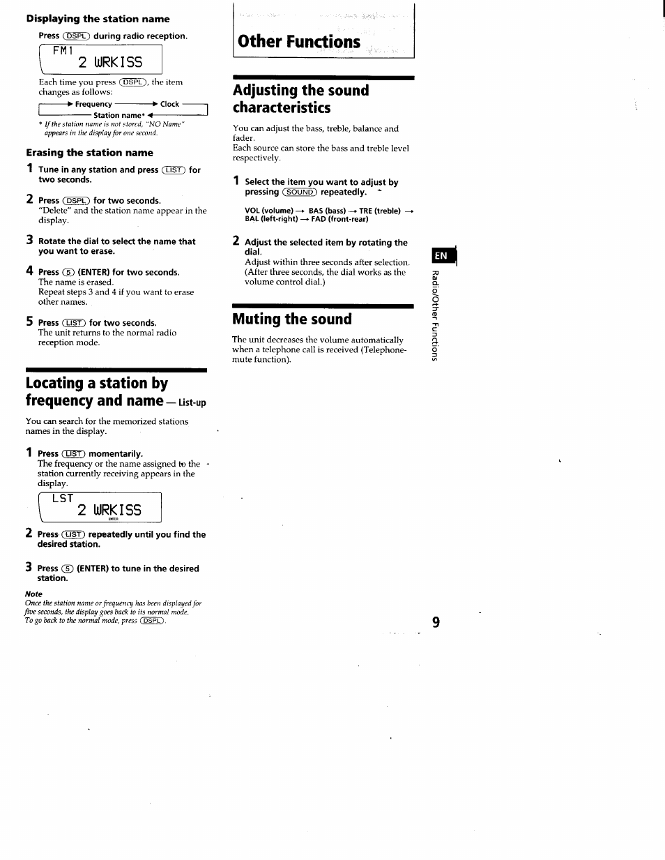 Displaying the station name, Erasing the station name, Adjusting the sound characteristics | Muting the sound, Locating a station by frequency and name — list-up, Note, Other functions, 2 ijjrkiss, 2 wrkiss, Locating a station by frequency and name | Sony XR-C7200 User Manual | Page 9 / 22