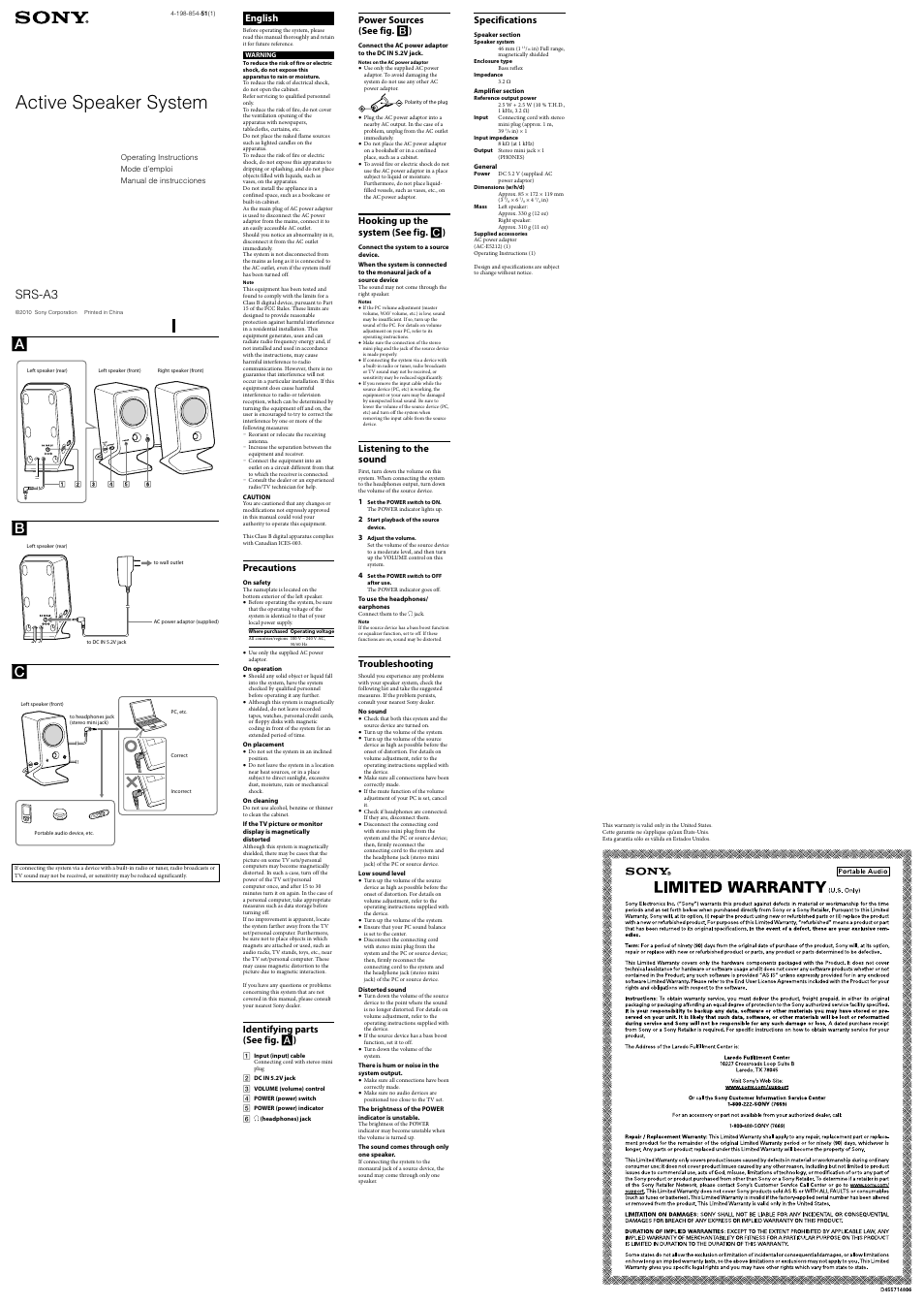 Sony SRS-P3 User Manual | 2 pages