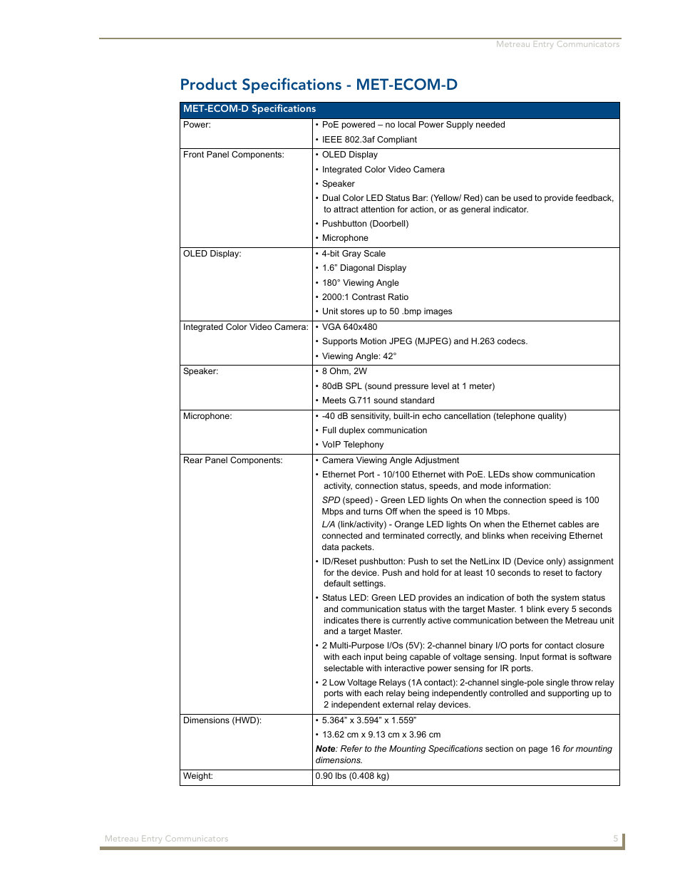 Product specifications - met-ecom-d | AMX Metreau Entry Communicator with Display MET-ECOM-D User Manual | Page 11 / 84