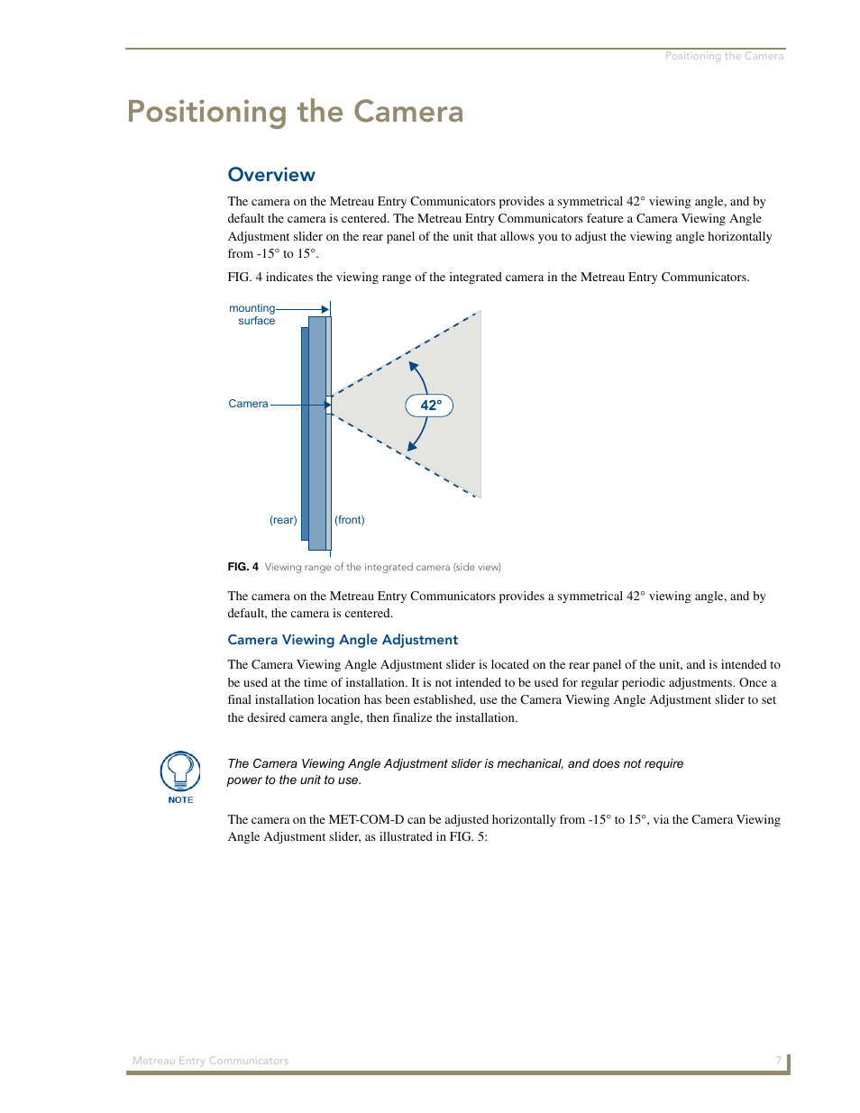Positioning the camera, Overview, Camera viewing angle adjustment | AMX Metreau Entry Communicator with Display MET-ECOM-D User Manual | Page 13 / 84