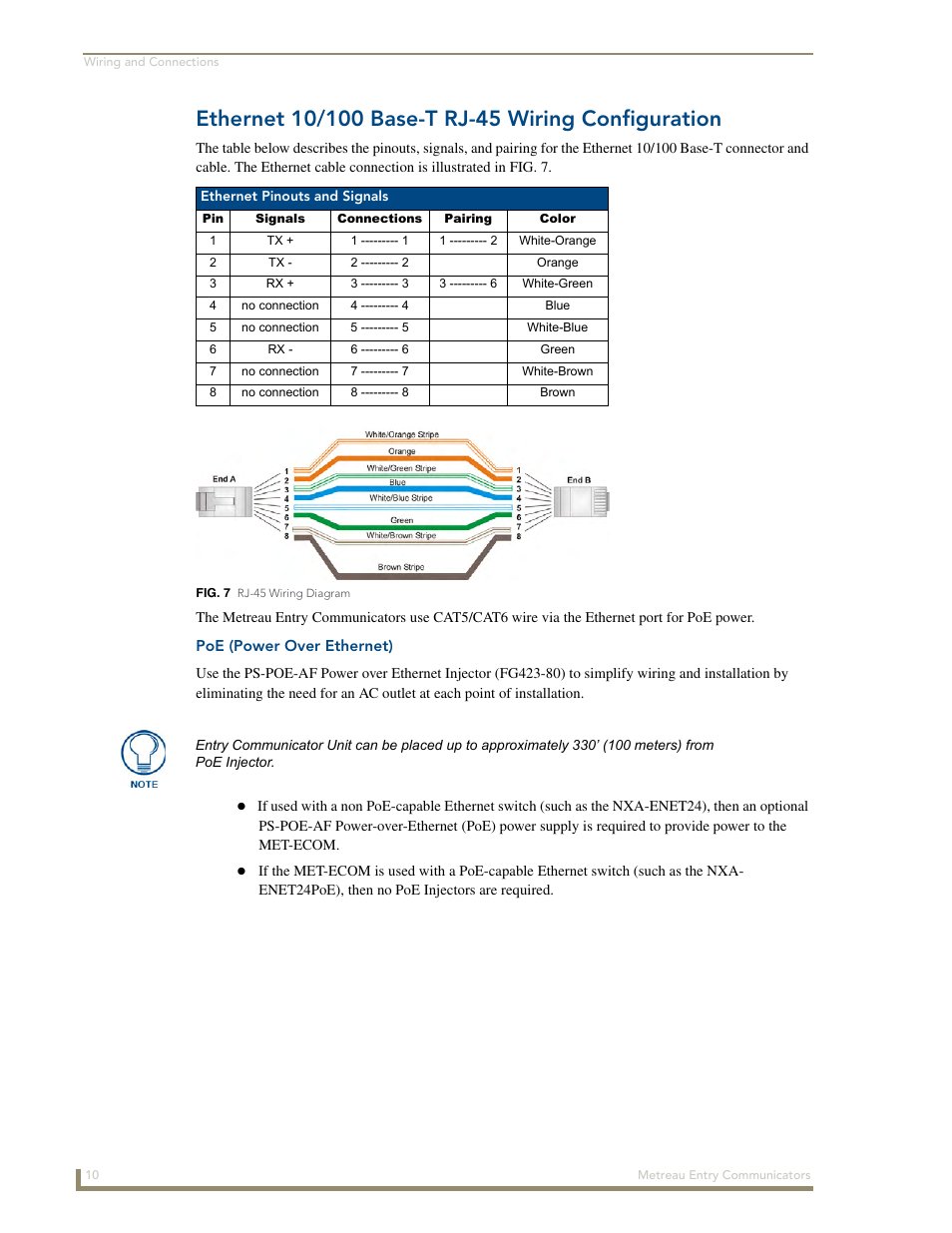 Ethernet 10/100 base-t rj-45 wiring configuration, Poe (power over ethernet) | AMX Metreau Entry Communicator with Display MET-ECOM-D User Manual | Page 16 / 84