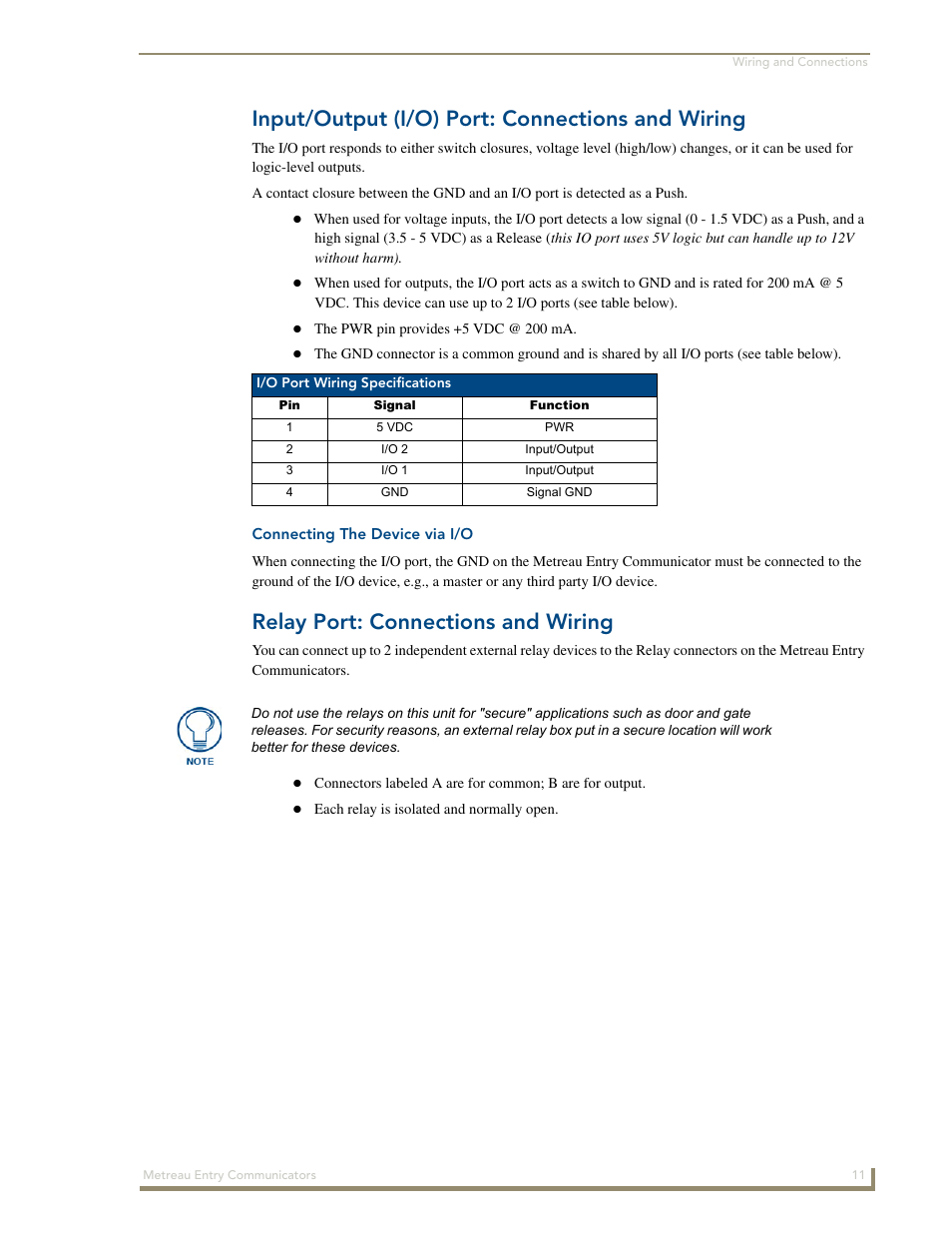 Input/output (i/o) port: connections and wiring, Connecting the device via i/o, Relay port: connections and wiring | AMX Metreau Entry Communicator with Display MET-ECOM-D User Manual | Page 17 / 84