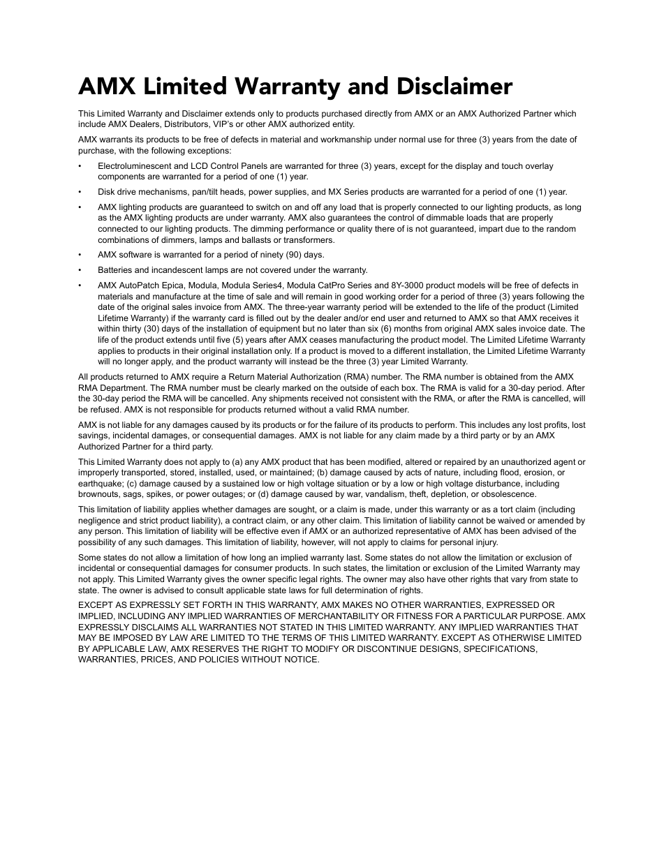 Amx limited warranty and disclaimer | AMX Metreau Entry Communicator with Display MET-ECOM-D User Manual | Page 2 / 84
