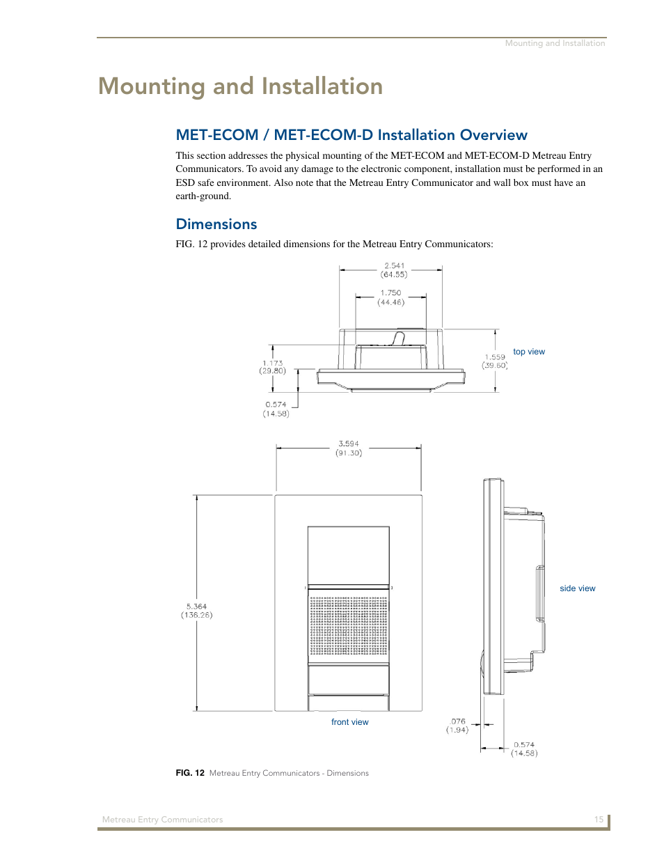 Mounting and installation, Met-ecom / met-ecom-d installation overview, Dimensions | AMX Metreau Entry Communicator with Display MET-ECOM-D User Manual | Page 21 / 84