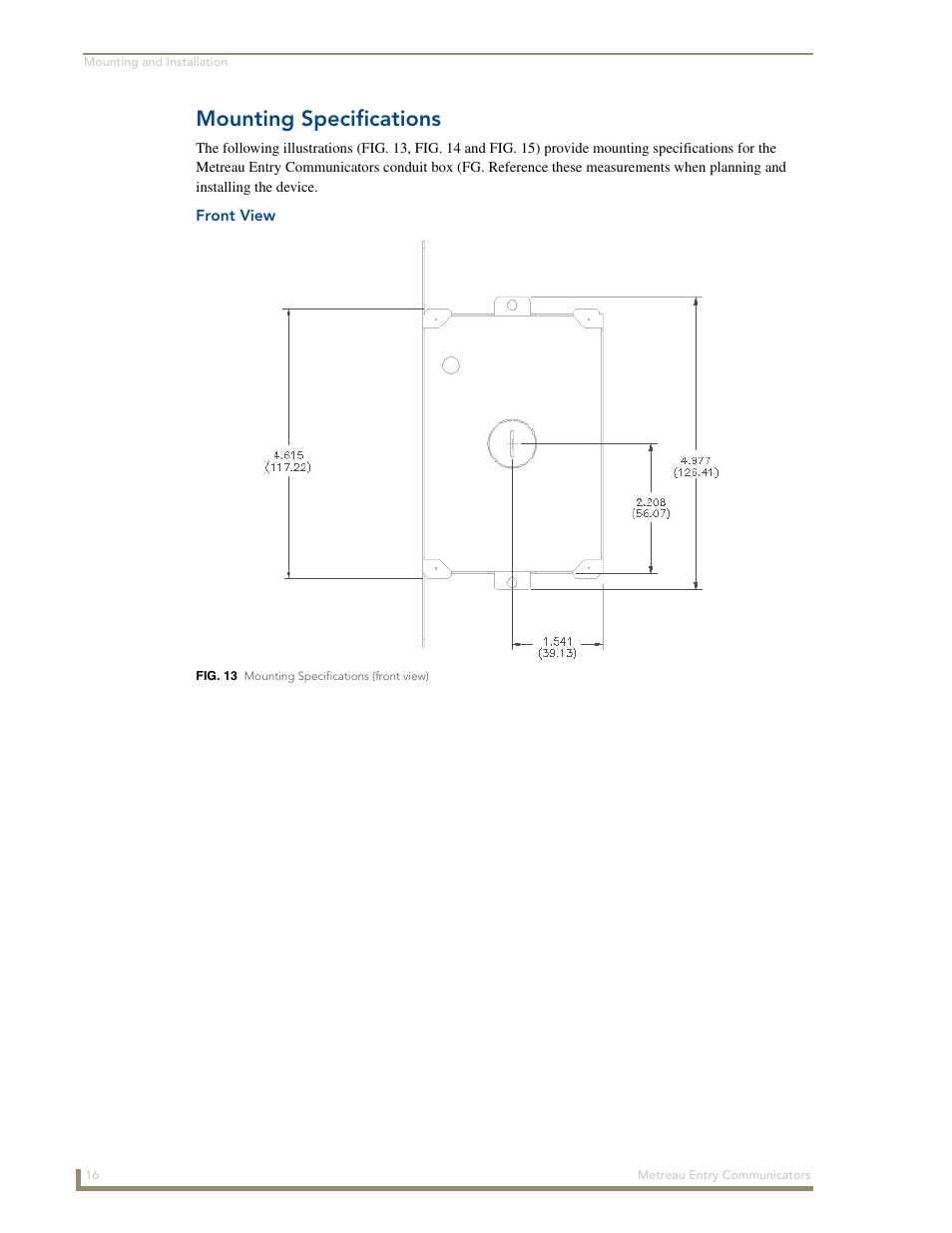 Mounting specifications, Front view | AMX Metreau Entry Communicator with Display MET-ECOM-D User Manual | Page 22 / 84