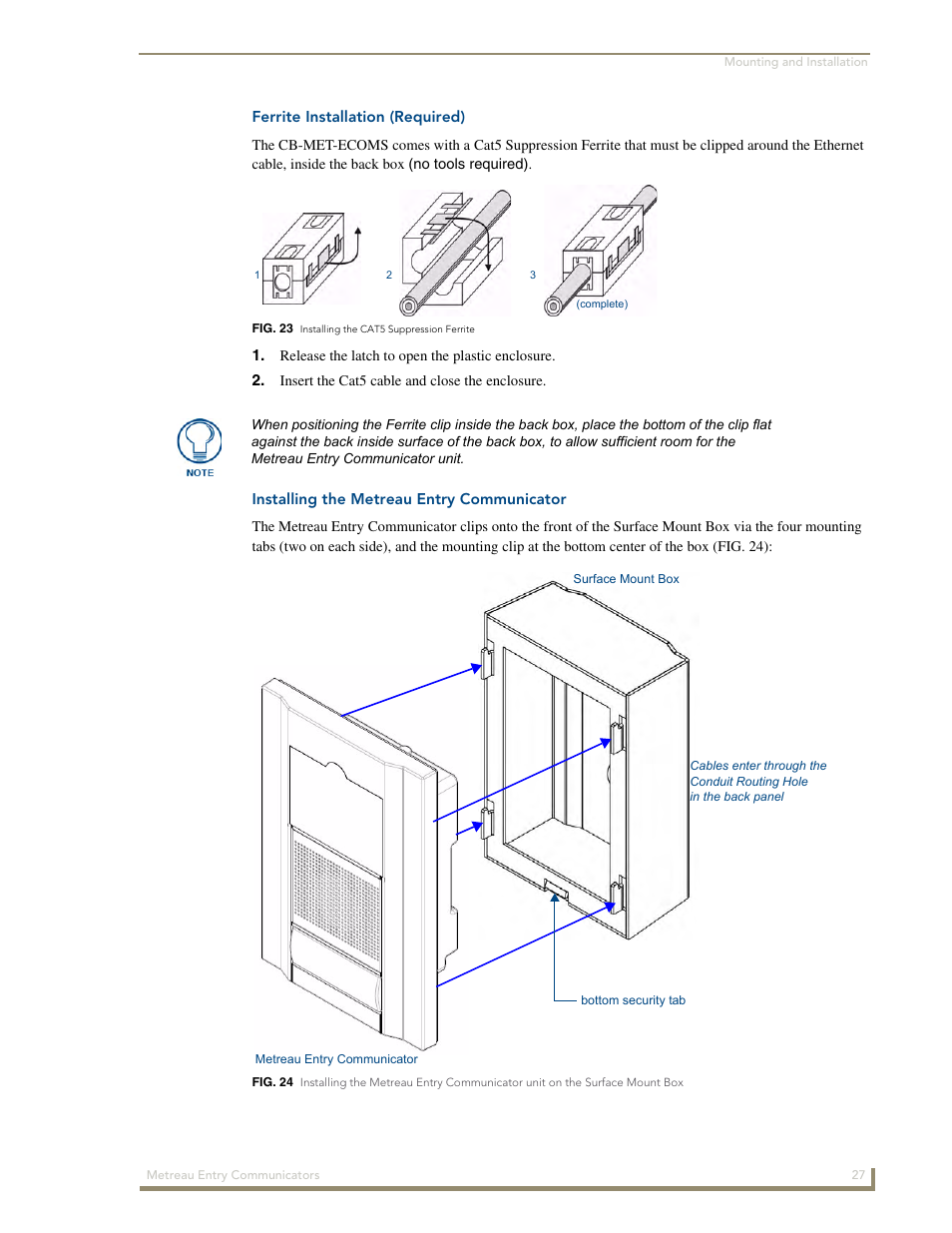 Ferrite installation (required), Installing the metreau entry communicator | AMX Metreau Entry Communicator with Display MET-ECOM-D User Manual | Page 33 / 84