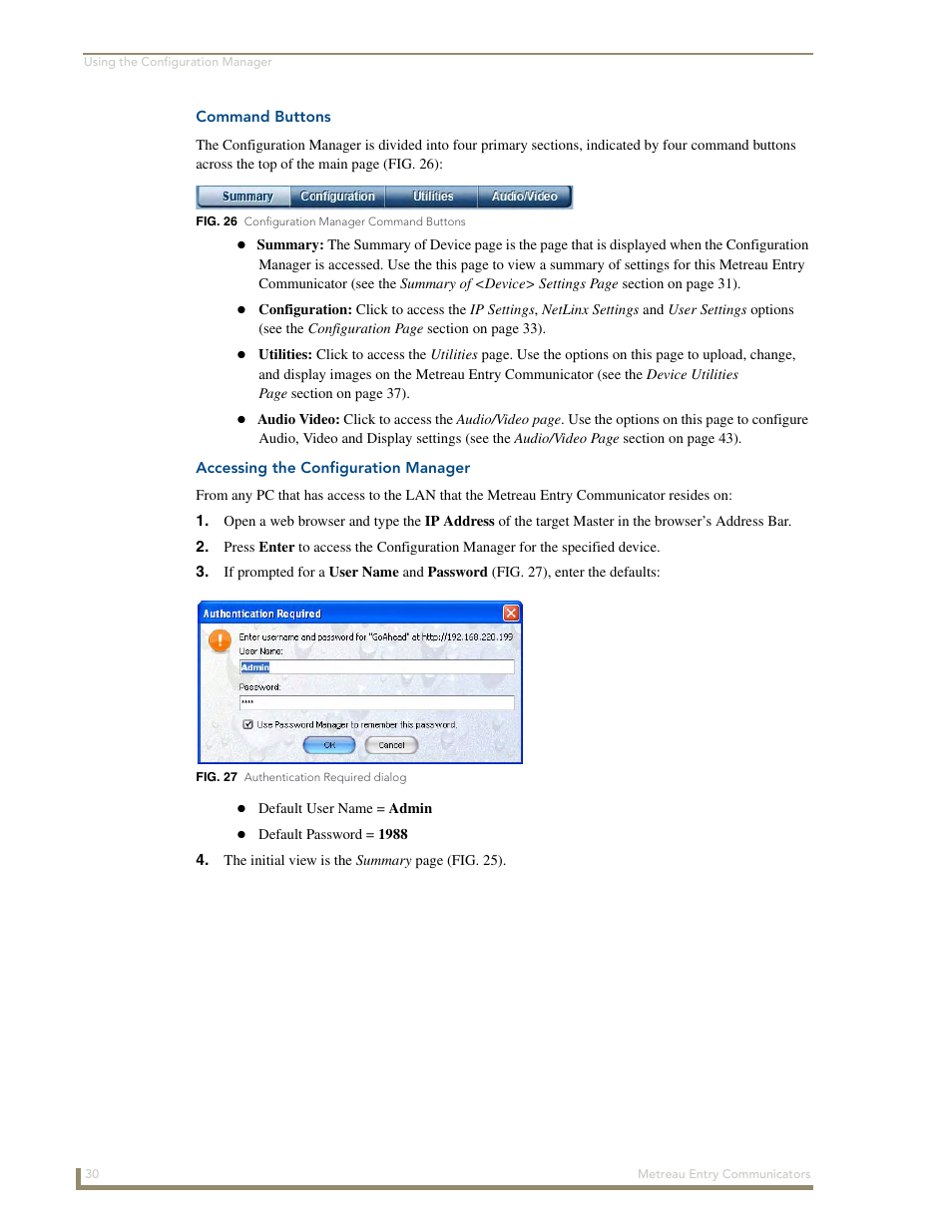 Command buttons, Accessing the configuration manager | AMX Metreau Entry Communicator with Display MET-ECOM-D User Manual | Page 36 / 84