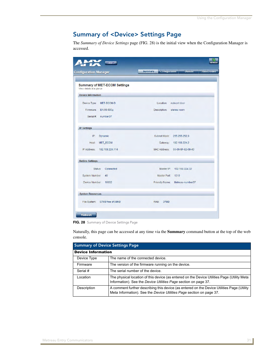 Summary of <device> settings page | AMX Metreau Entry Communicator with Display MET-ECOM-D User Manual | Page 37 / 84