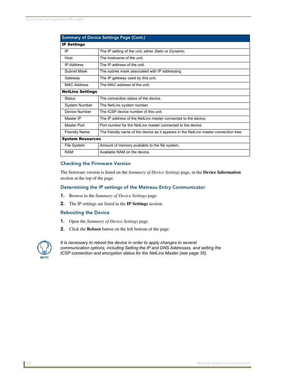 Checking the firmware version, Rebooting the device | AMX Metreau Entry Communicator with Display MET-ECOM-D User Manual | Page 38 / 84