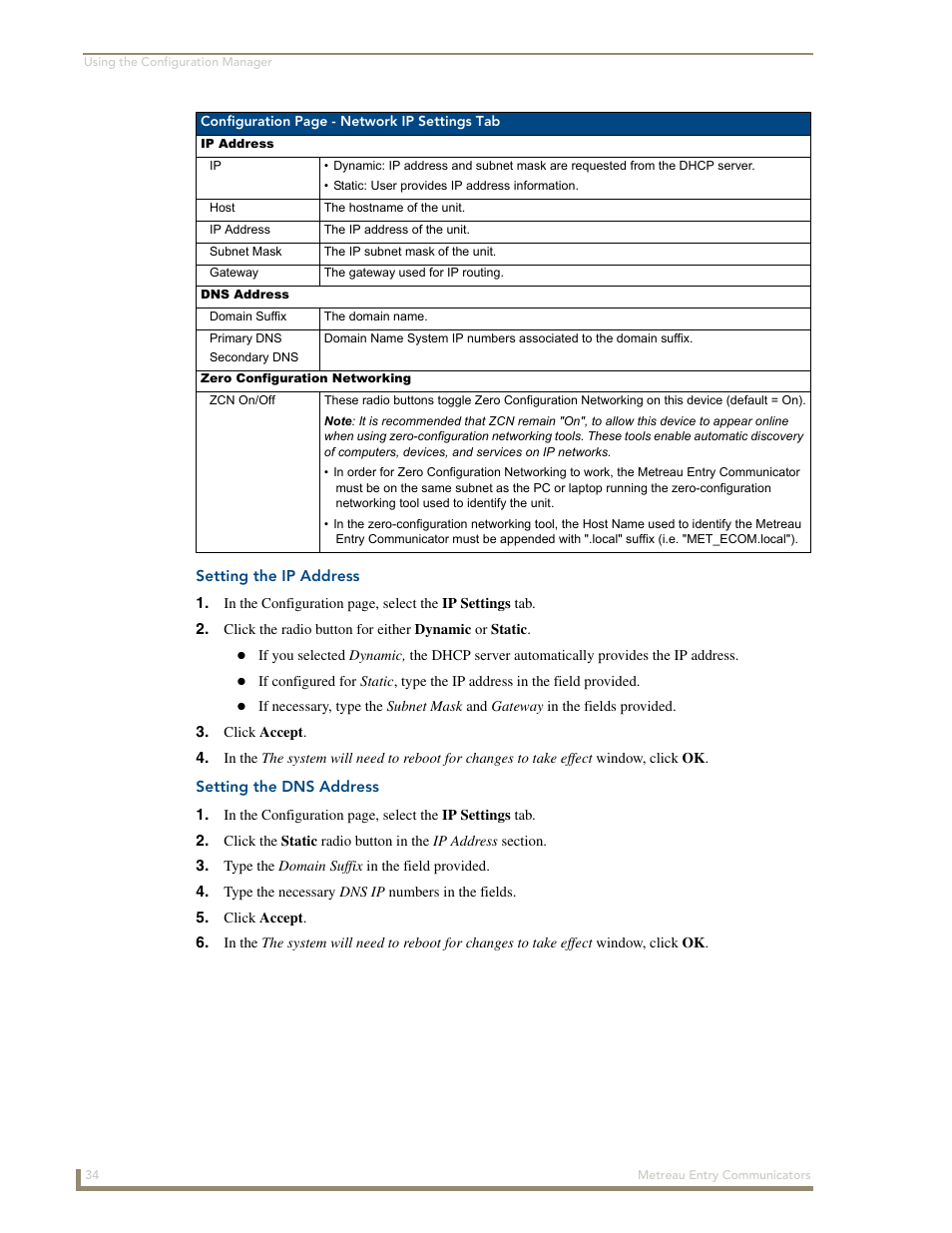 Setting the ip address, Setting the dns address | AMX Metreau Entry Communicator with Display MET-ECOM-D User Manual | Page 40 / 84