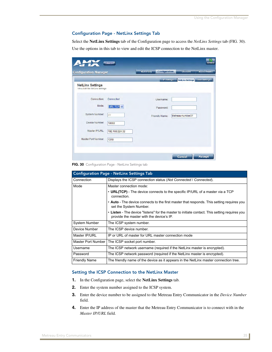 Setting the icsp connection to the netlinx master | AMX Metreau Entry Communicator with Display MET-ECOM-D User Manual | Page 41 / 84