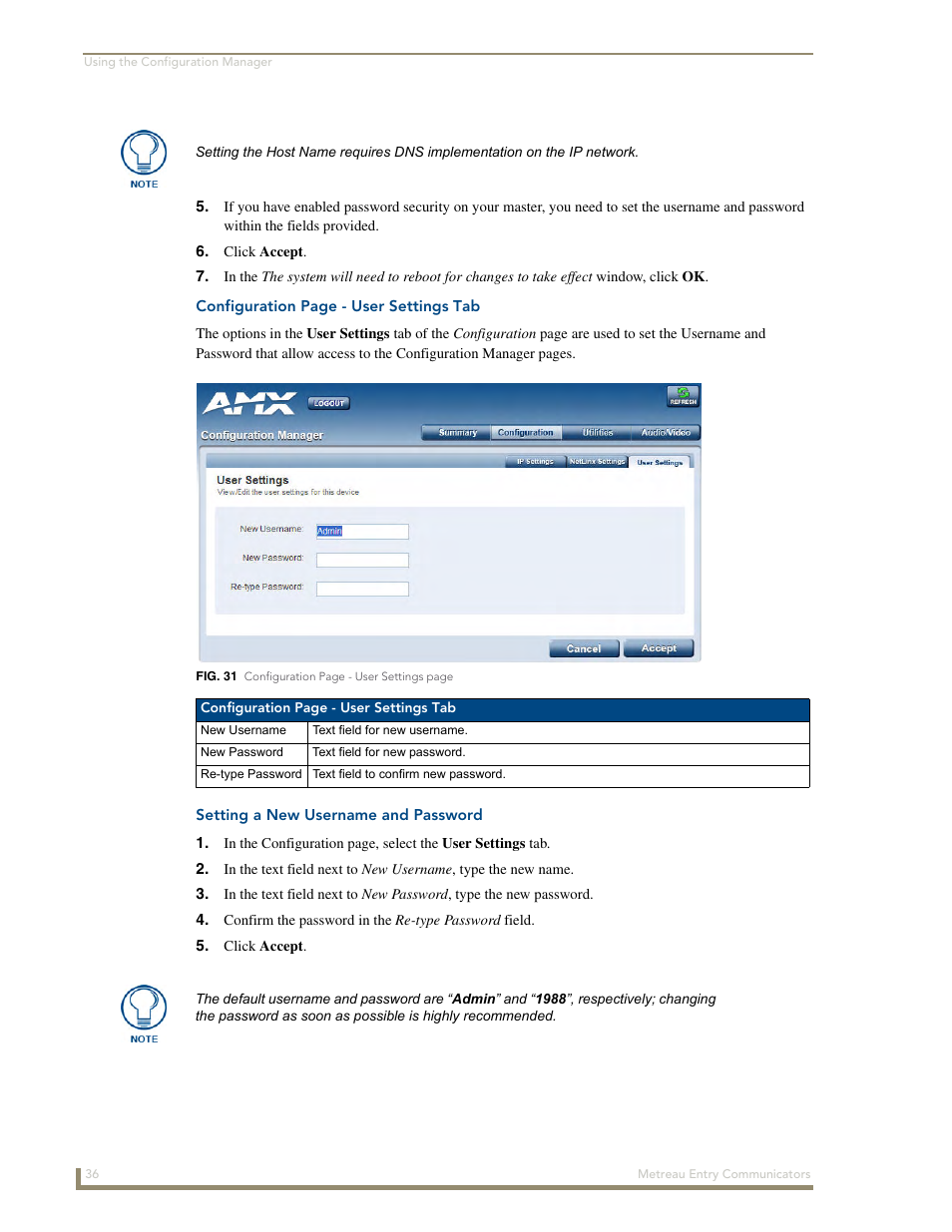 Setting a new username and password | AMX Metreau Entry Communicator with Display MET-ECOM-D User Manual | Page 42 / 84