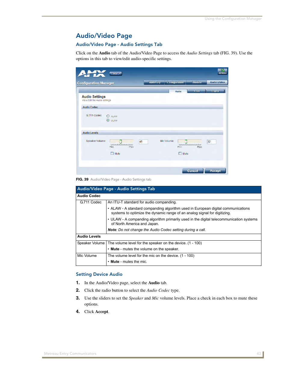 Setting device audio, Audio/video page | AMX Metreau Entry Communicator with Display MET-ECOM-D User Manual | Page 49 / 84