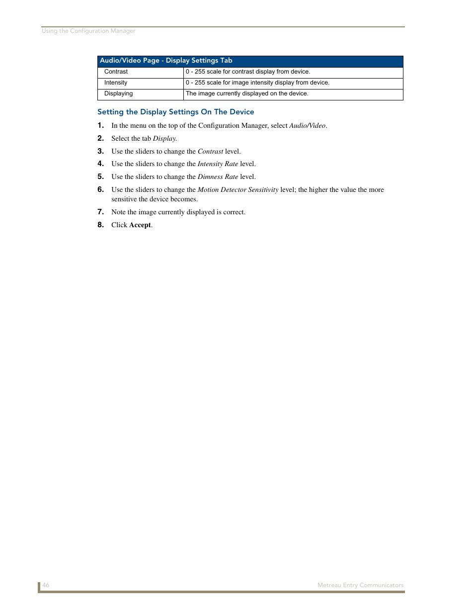 Setting the display settings on the device | AMX Metreau Entry Communicator with Display MET-ECOM-D User Manual | Page 52 / 84
