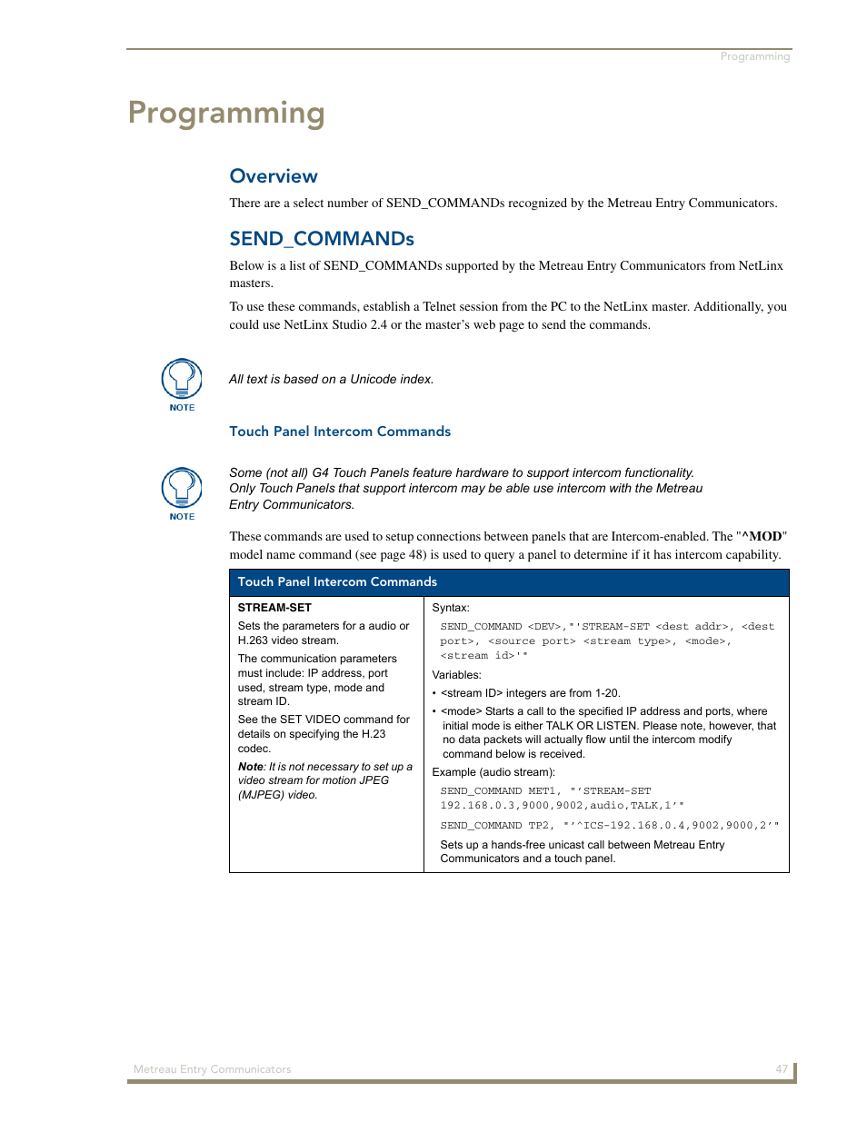 Programming, Overview, Send_commands | Touch panel intercom commands | AMX Metreau Entry Communicator with Display MET-ECOM-D User Manual | Page 53 / 84