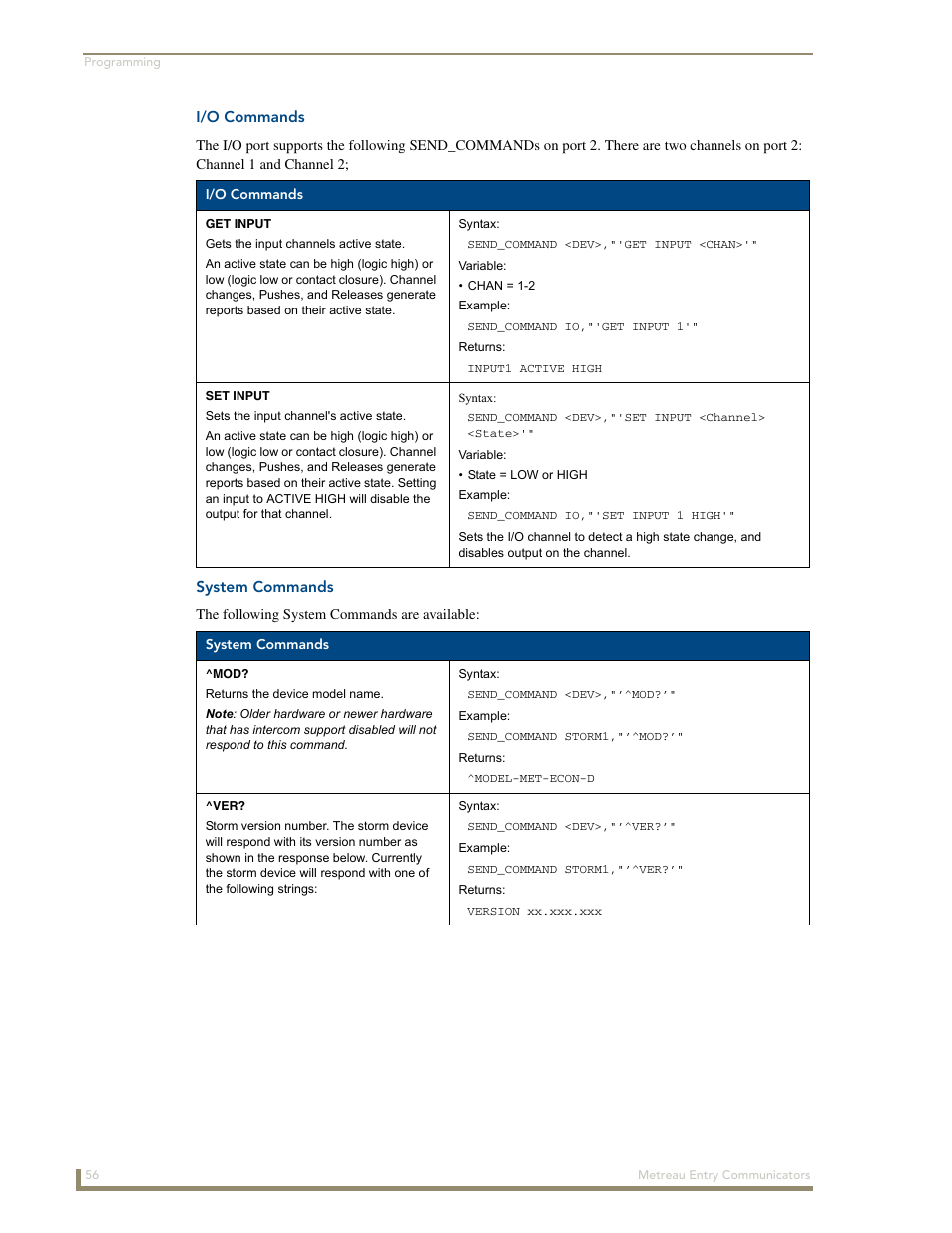 I/o commands, System commands | AMX Metreau Entry Communicator with Display MET-ECOM-D User Manual | Page 62 / 84
