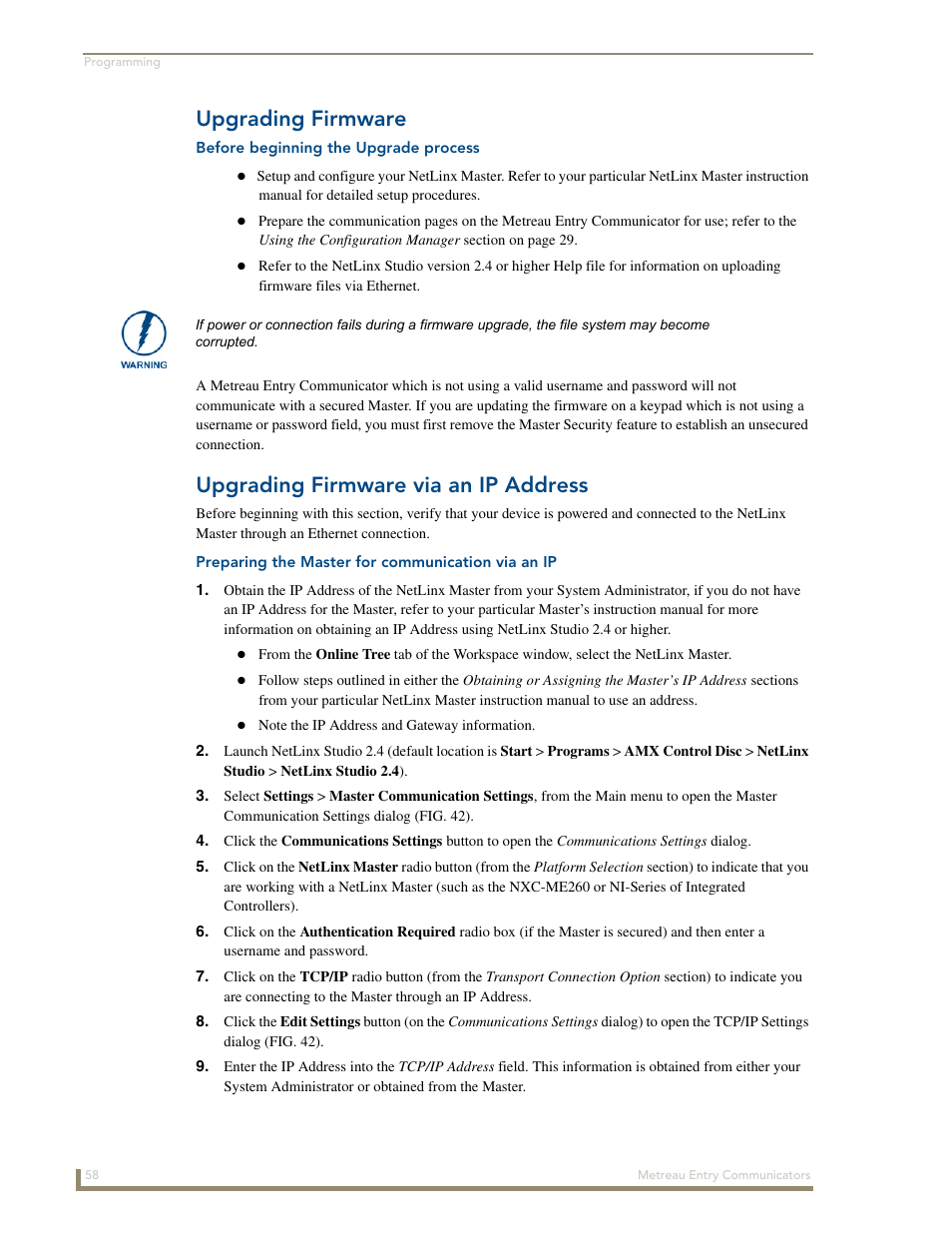 Upgrading firmware, Before beginning the upgrade process, Upgrading firmware via an ip address | Preparing the master for communication via an ip | AMX Metreau Entry Communicator with Display MET-ECOM-D User Manual | Page 64 / 84