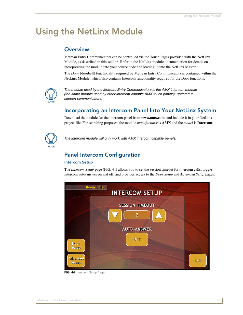 Using the netlinx module, Overview, Panel intercom configuration | Intercom setup | AMX Metreau Entry Communicator with Display MET-ECOM-D User Manual | Page 67 / 84