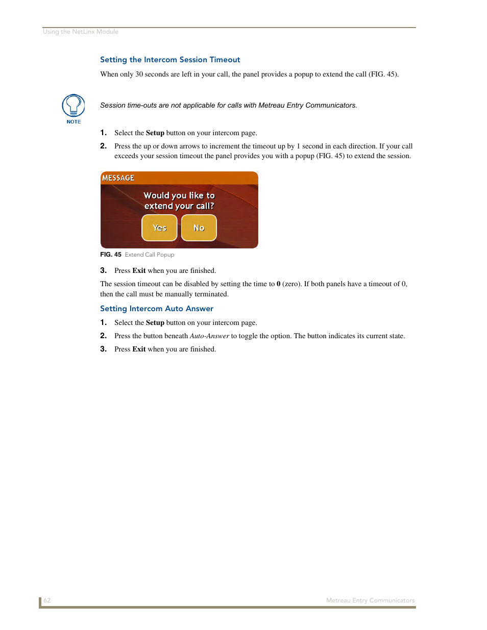 Setting the intercom session timeout, Setting intercom auto answer | AMX Metreau Entry Communicator with Display MET-ECOM-D User Manual | Page 68 / 84