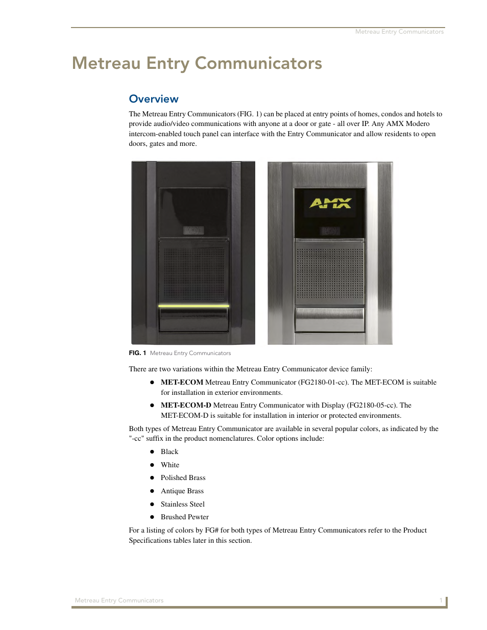 Metreau entry communicators, Overview | AMX Metreau Entry Communicator with Display MET-ECOM-D User Manual | Page 7 / 84