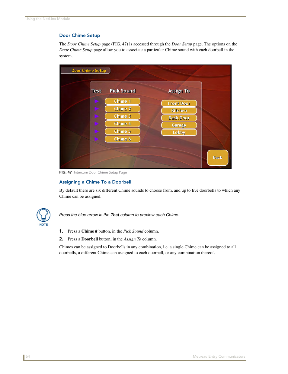 Door chime setup, Assigning a chime to a doorbell | AMX Metreau Entry Communicator with Display MET-ECOM-D User Manual | Page 70 / 84