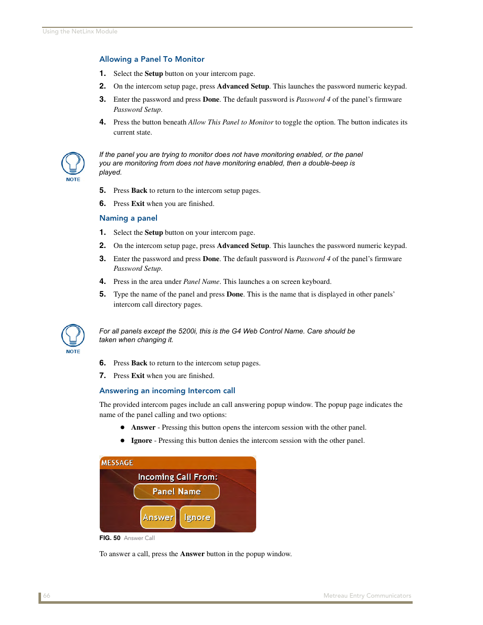 Allowing a panel to monitor, Naming a panel, Answering an incoming intercom call | AMX Metreau Entry Communicator with Display MET-ECOM-D User Manual | Page 72 / 84