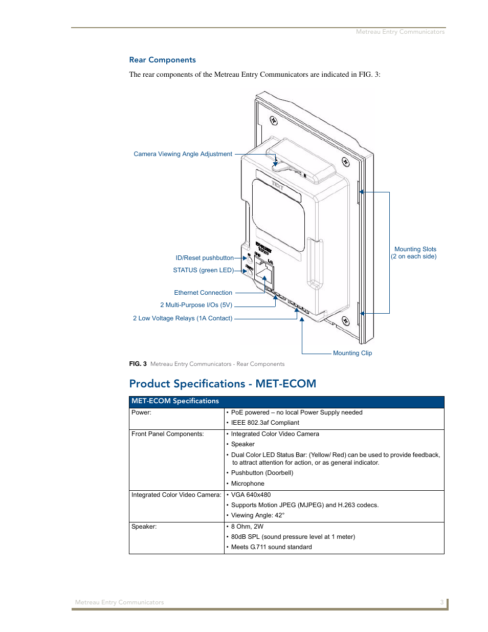 Rear components, Product specifications - met-ecom | AMX Metreau Entry Communicator with Display MET-ECOM-D User Manual | Page 9 / 84