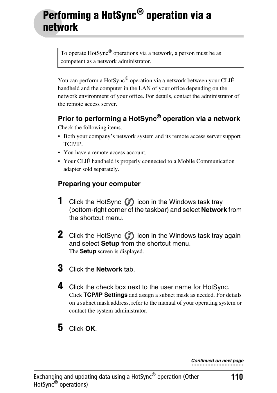 Performing a hotsync® operation via a network, Performing a hotsync, Operation via a | Network, Operation via, A network, Operation via a network | Sony PEG-NX60 User Manual | Page 110 / 176